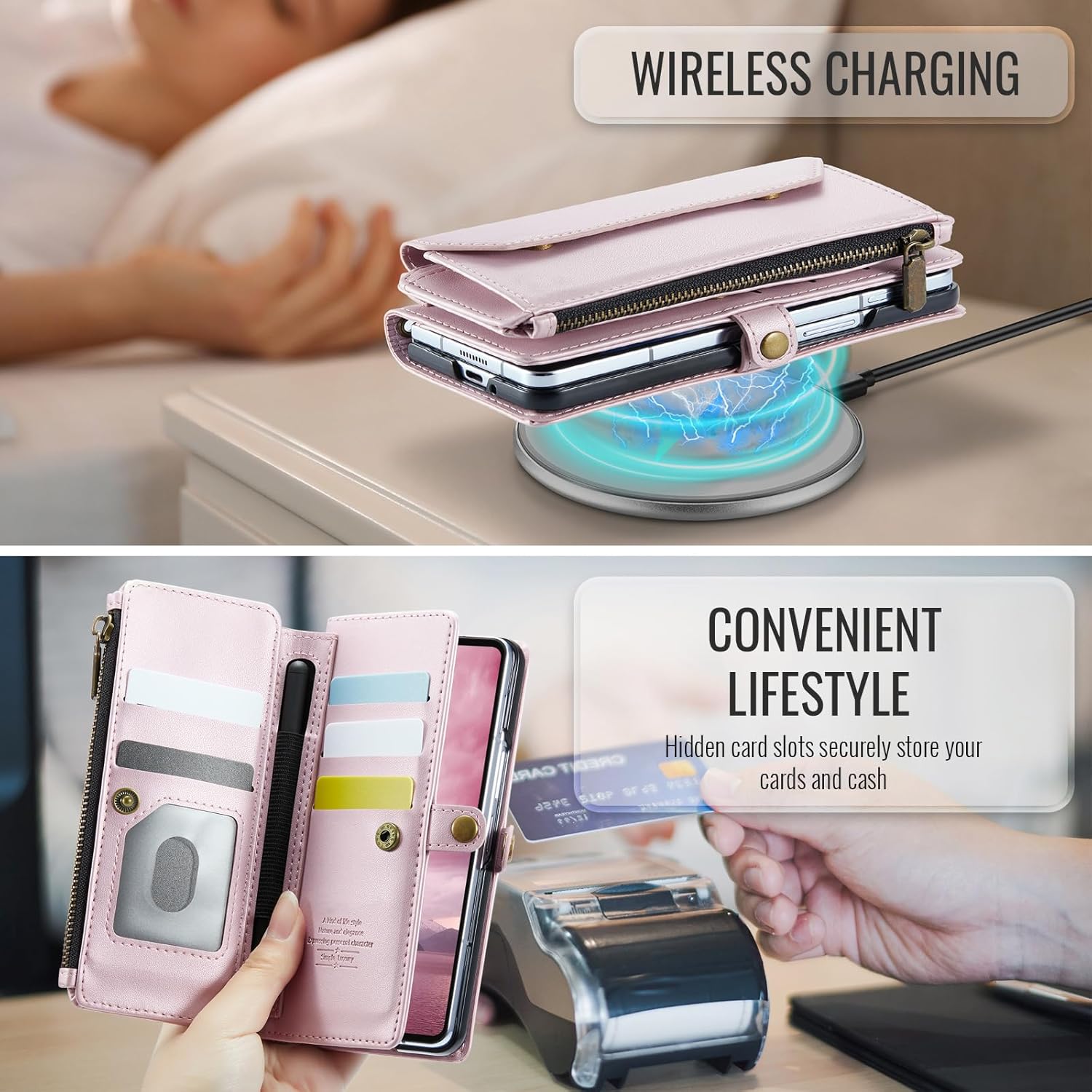 Asuwish Phone Case for Samsung Galaxy Z Fold 7 Zipper Wallet Cover with S Pen Slot and Wrist Strap Flip RFID Blocking Credit Cash Card Holder Cell Accessories ZFold Z7 G Fold7 7Z Women Girls Rose Gold