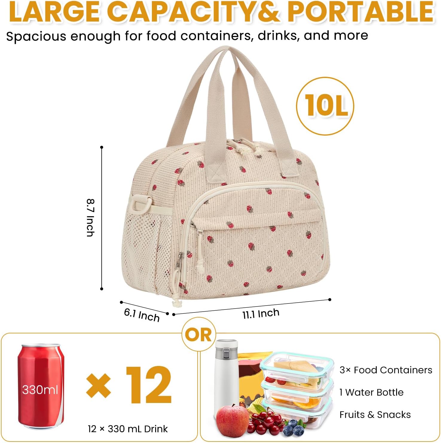Corduroy Insulated Lunch Bag for Women Teen Girls, Portable Adult Lunch Box, Reusable Tote Cooler Bags, Lightweight Womens Lunch Bags with Front Pockets Work Picnic Travel, Beige Strawberry - Image 3