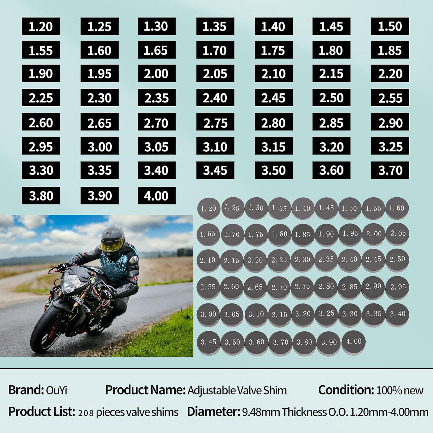 9.48mm Adjustable Motorcycle Valve Shim Kit Fit for Yamaha WR250F 2015-2020 WR450F YZ450F 2003-2020 YFZ450 2004-2013 YZ250F 2014-2021 for Honda CRF250R 2018-2021 CRF450R 2002-20 CRF450X 2005-21 208pcs