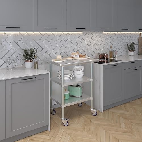 Miniatura 133 de AmGood Mesa de trabajo de acero inoxidable con 2 estantes y ruedas Mesa de trabajo de metal con ruedas