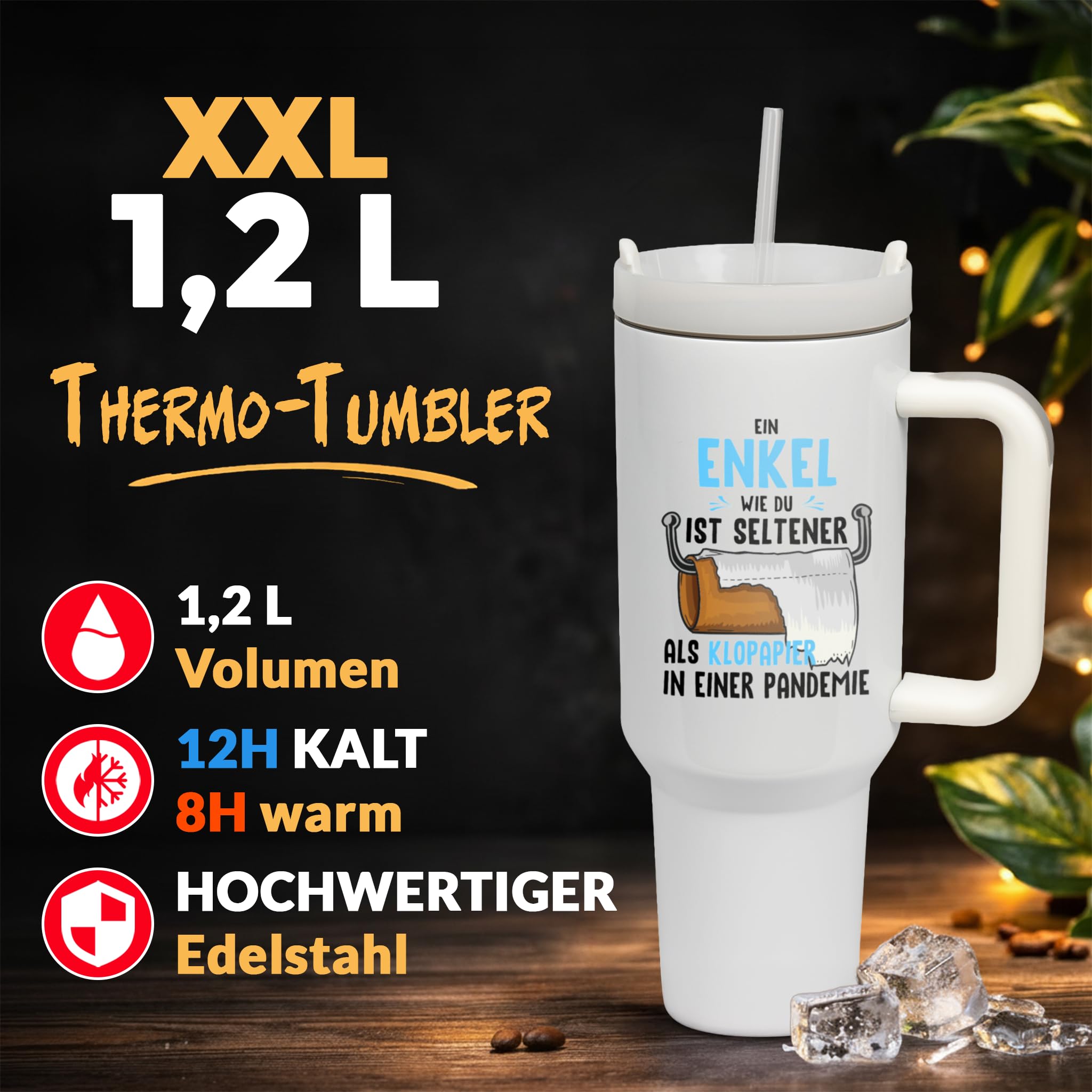 XXL Thermobecher für Enkel – Lustiges Geschenk zum Geburtstag & Weihnachten – Edelstahl Trinkflasche, Weiß mit Spruch Ein Enkel wie du (WIEDERVERWENDBAR)