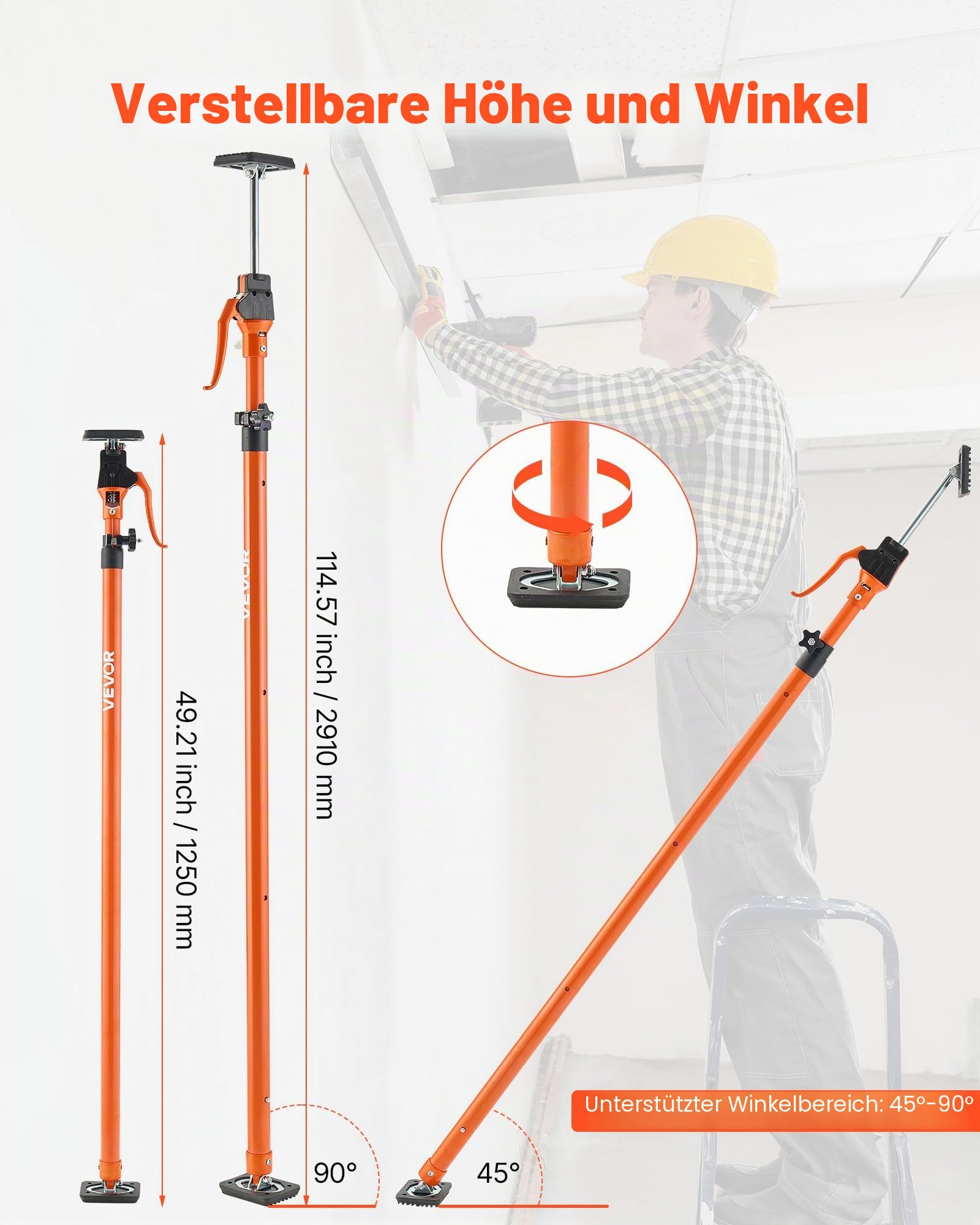 VEVOR Einhandstütze, 4 Stk., Deckenstütze 125–291cm, Teleskopstütze aus Stahl, Montagestütze bis zu 90kg Kapazität zum Installieren von Schränken, Anheben von Trockenbauwänden, Frachtstangen
