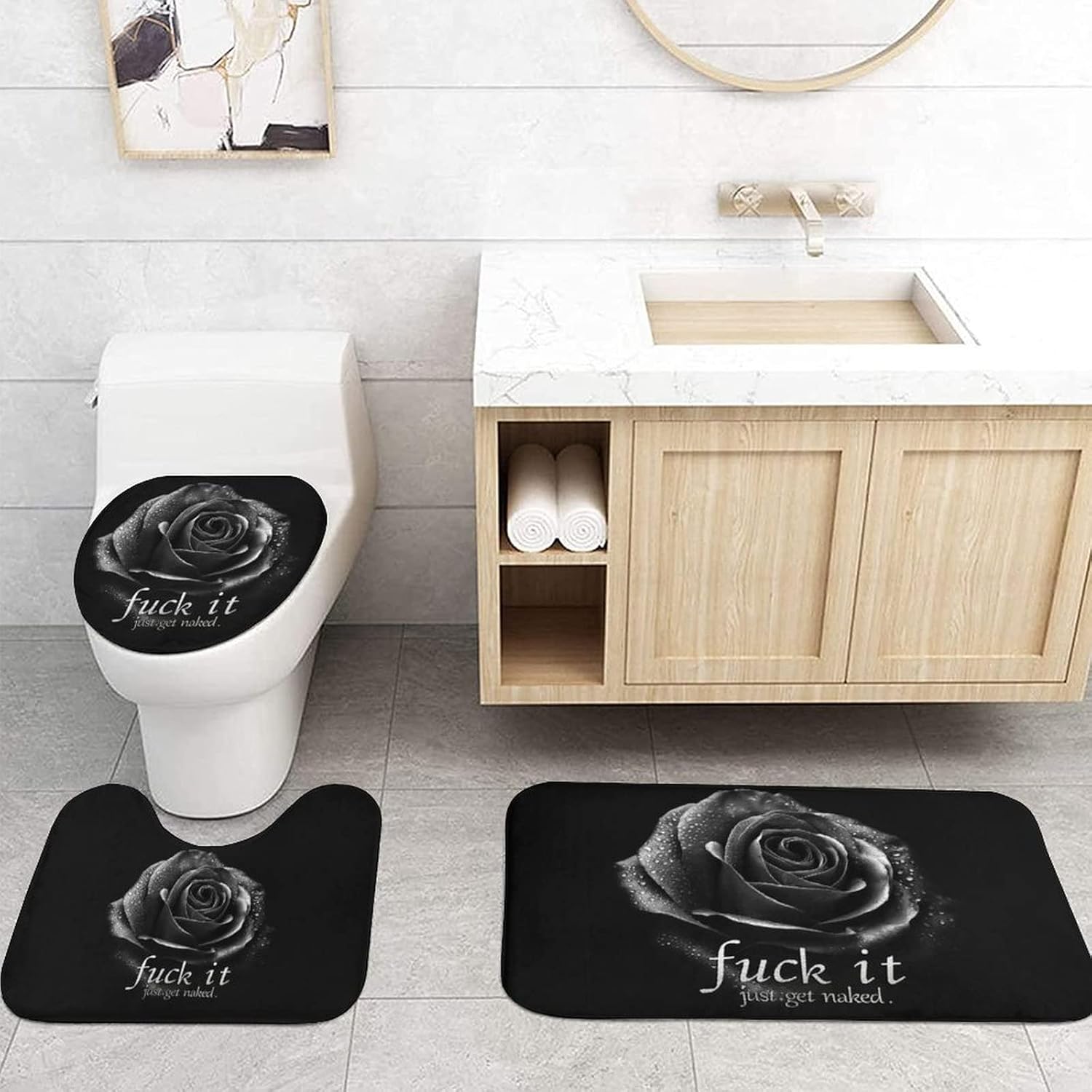 jieprom 4PCS Rose Fuck It Get Naked Shower Curtain Set with Non-Slip Rugs, Toilet Lid Cover and Bath Mat, Black Shower Curtain with 12 Hooks, Waterproof Complete Bathroom Decor Set