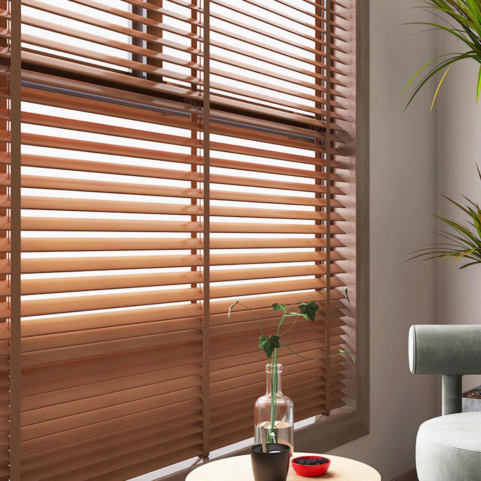 Cordless 2" Wooden Venetian Blinds for Windows, Blackout Privacy Shades Horizontal Window Blinds for Inside/Outside Mount – Custom Sizes 24" 32" 35" 46" 54" 66" 72"(Brown)