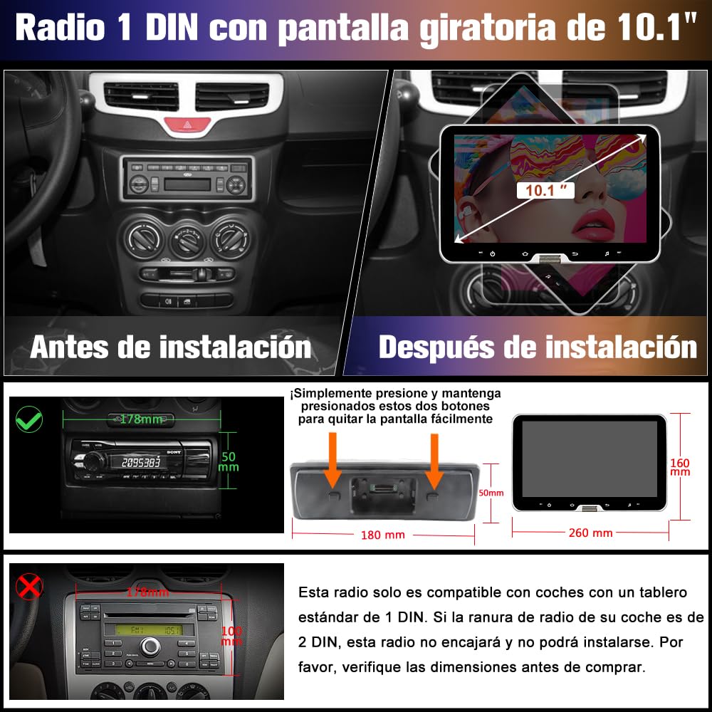 AWESAFE Android 13.0 [2GB+64GB] Radio Coche 1 DIN Universal con Pantalla Táctil Inclinable y Giratoria de 10.1 Pulgadas, Autoradio Admite CarPlay/Android Auto/MirrorLink/WiFi/GPS/Bluetooth/RDS/USB/FM