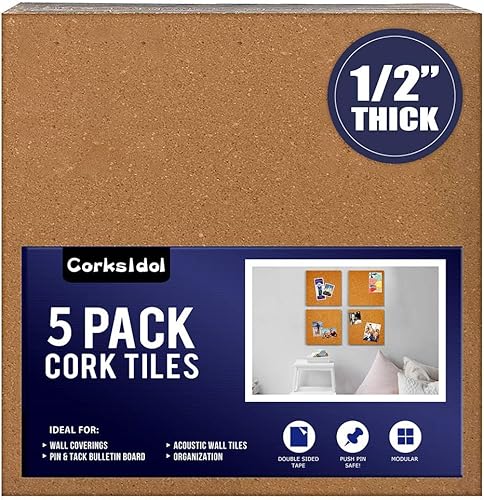 Corksidol Azulejos de corcho de 12 x 12 pulgadas - 12 pulgadas de grosor - Tablero de anuncios - Tablero de corcho - Parte trasera autoadhesiva