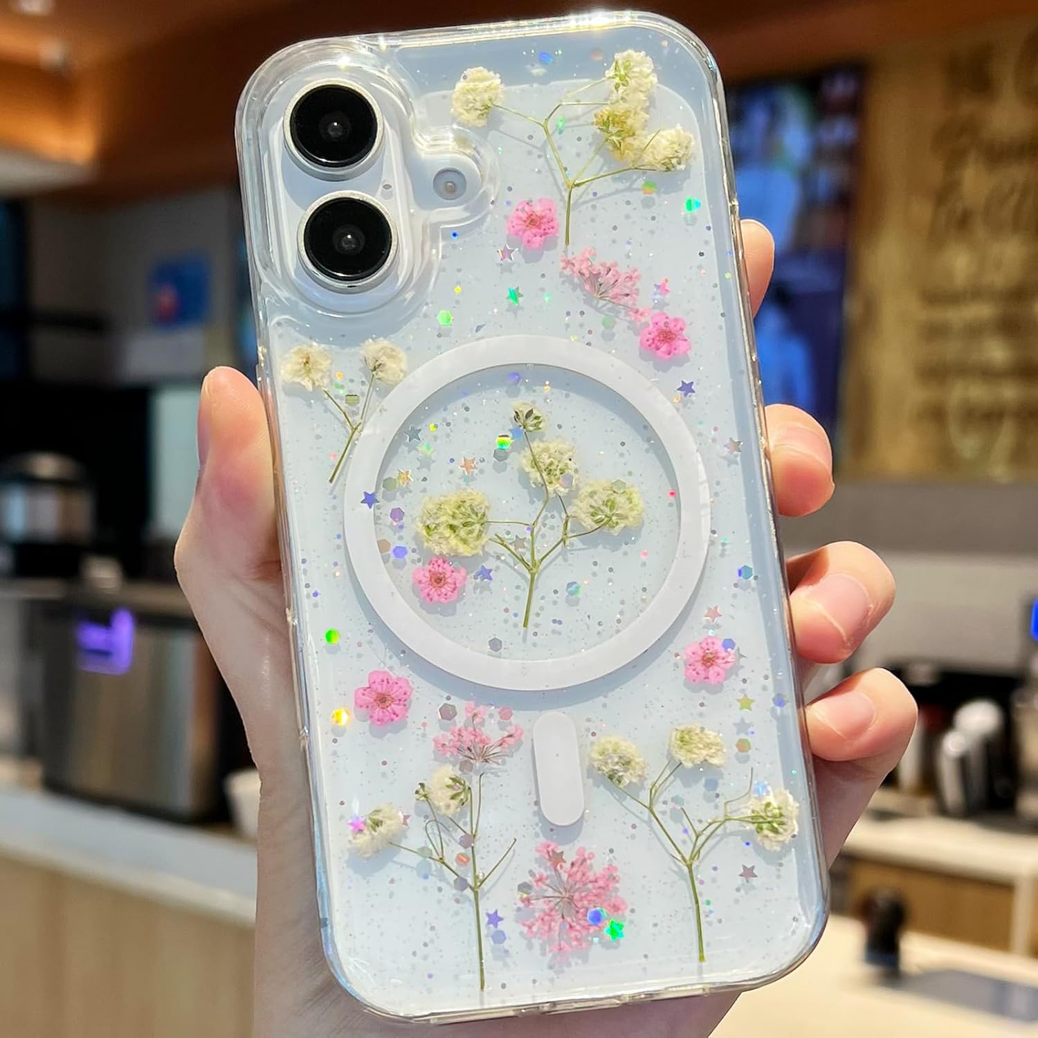 Cute Real Flowers for iPhone 16 Case [Compatible with MagSafe] Glitter Magnetic Cover with Pressed Dried Floral Women Girls Phone Case for iPhone 16 6.1" - Clear Sparkly - Image 9
