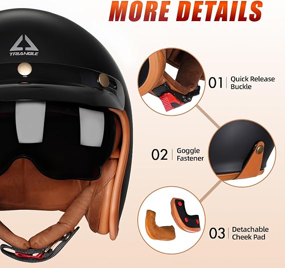 TRIANGLE 3/4 Open Face Motorcycle Helmet, DOT Approved Retro Half Helmet with Sun Visor for Men & Women, Scooter Motorbike Moped Casco, Vintage Jet Style for Cruiser