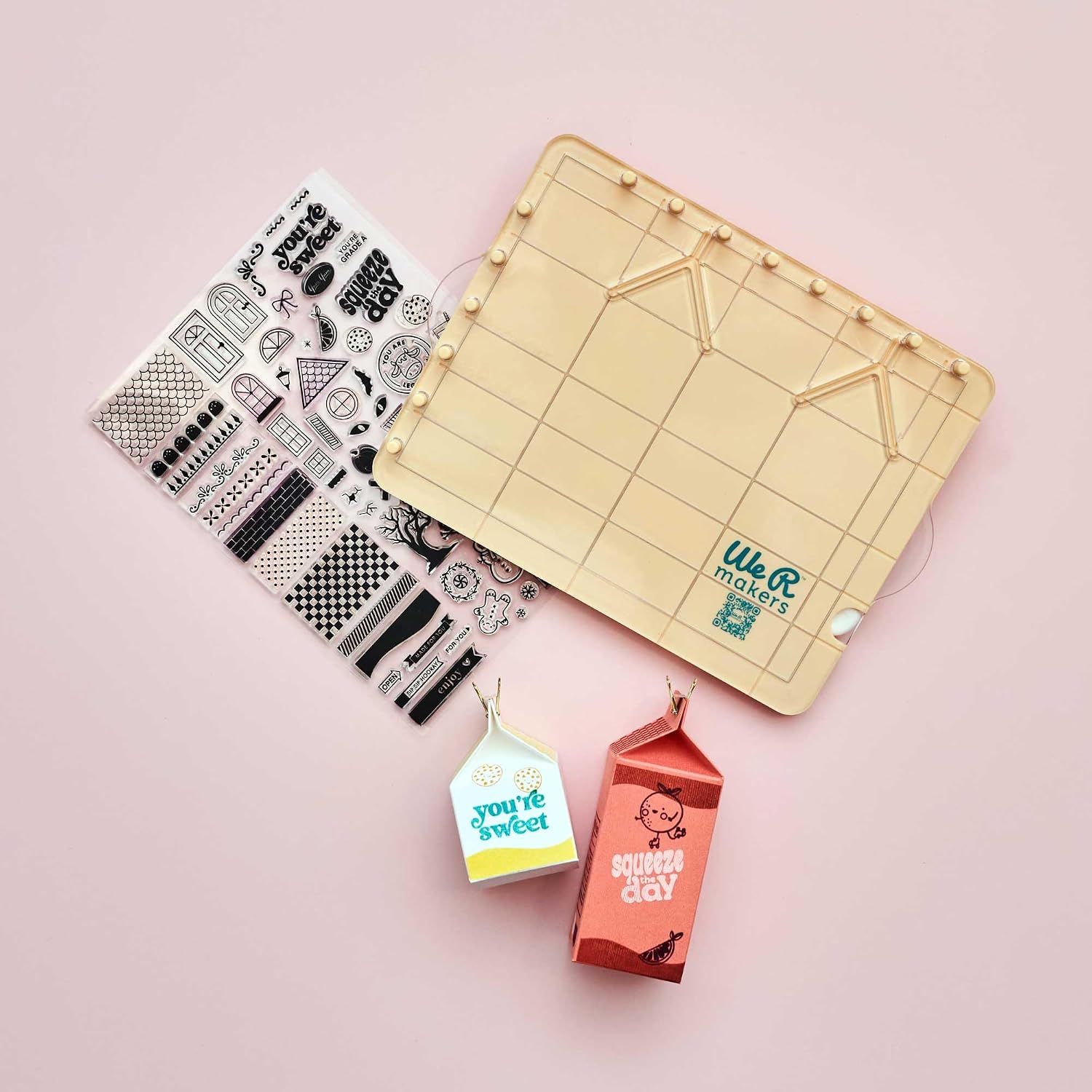 We R Makers Carton Stamp Board - Craft Tool to Make Paper Houses, Cartons, DIY Gift Boxes - Includes Scoring Board, Stylus, Acrylic Stamping Press Top, and 75 Photopolymer Stamps