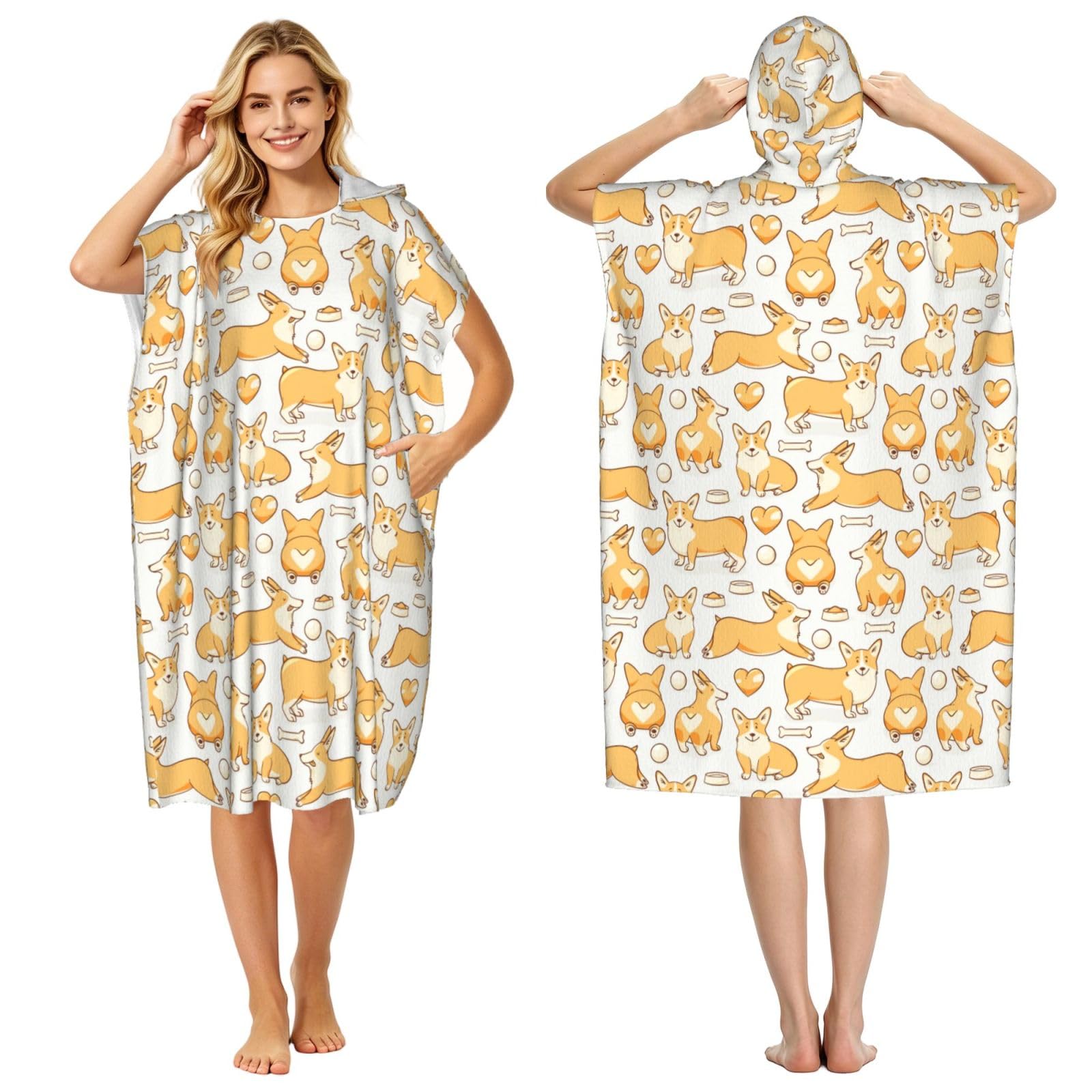 Poadnly Welsh Corgi, Adult Hooded Beach Towel 90 x 110 cm,Changing Bath Robe, Surf Poncho Towel For Women Men