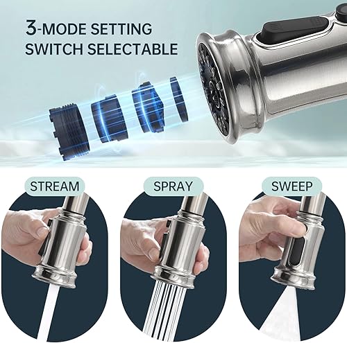 Miniatura 4 de APPASO Grifo de cocina con dispensador de jabón  Grifo de fregadero de cocina con rociador desplegable de una sola manija, níquel cepillado, grifos