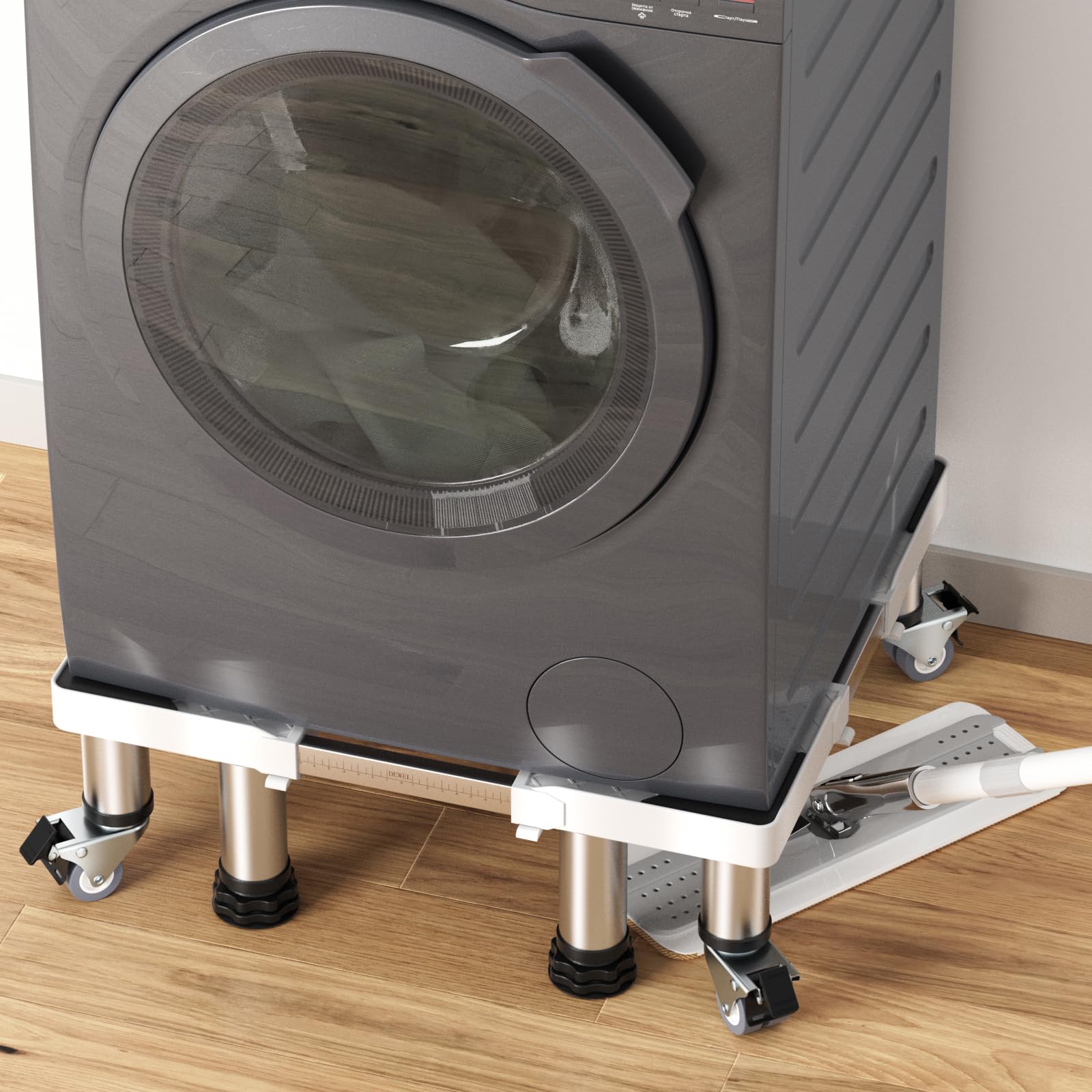 DEWEL Base de Réfrigérateur Réglable longueur 41–59 cm hauteur 16-20 cm Base de Réfrigérateur pour Sèche-linge Frigo Lave-vaisselle avec 4 pieds et 4 roues, Charge 300 kg