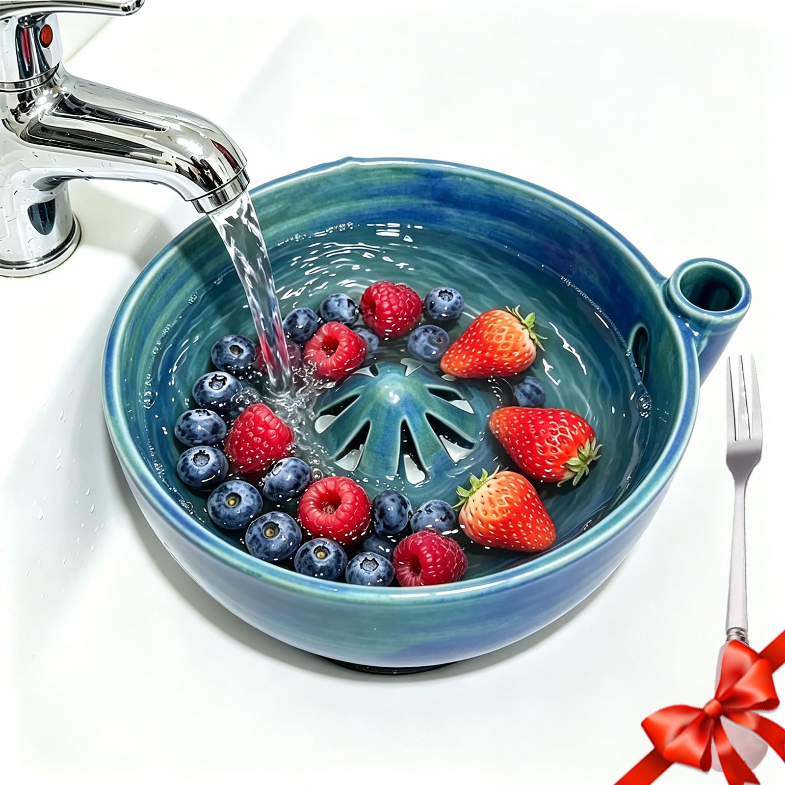 XJQ Selbstdrehende Beeren Waschschüssel Keramik, Beeren Waschschüssel mit Abfluss, Spülmaschinenfest, Leicht & Praktisch für Küche, Camping (Hellblau)