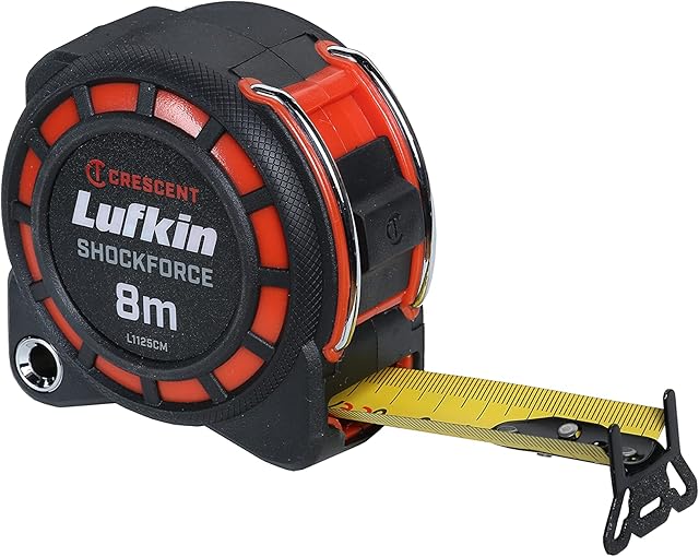 Lufkin L1125CM 8m x 3cm ShockForce Dual Sided Tape Measure, 30 Meter Drop Tested, Metric, Yellow Bladed Version
