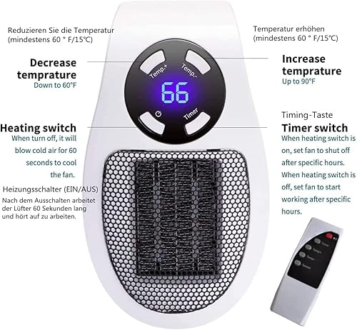 Miniatura 5 de Calentador eléctrico portátil Space Alpha  Calentador pequeño de 500 W con termostato, temporizador, pantalla LED, calentamiento rápido,