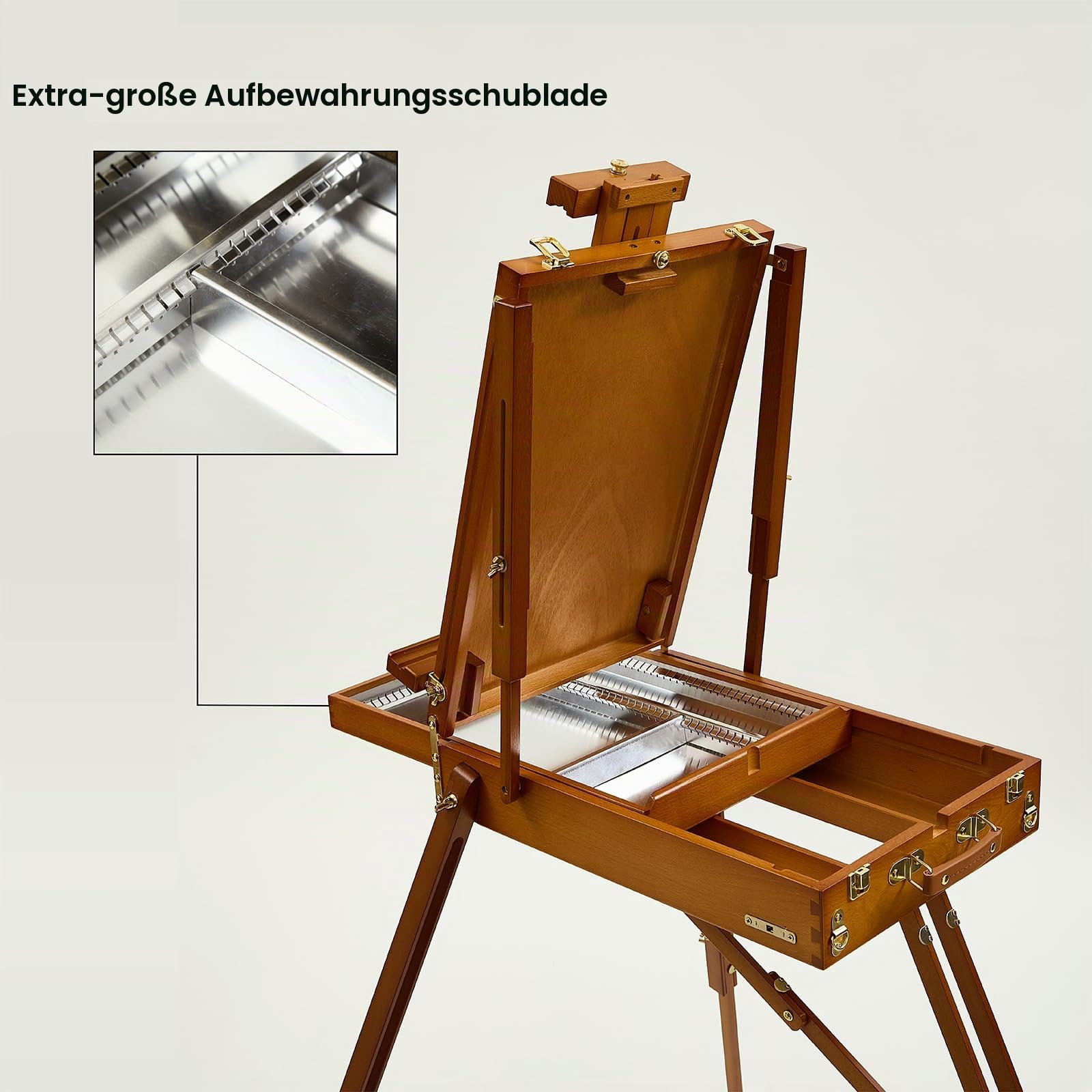 Staffelei Holz Groß, Französische Kofferstaffelei Studio-Skizzenbox aus Buchenholz, Tragbare Kunststaffelei mit Schublade für Künstler, Hält Leinwand bis zu 86,4cm, Leichtes Walnuss