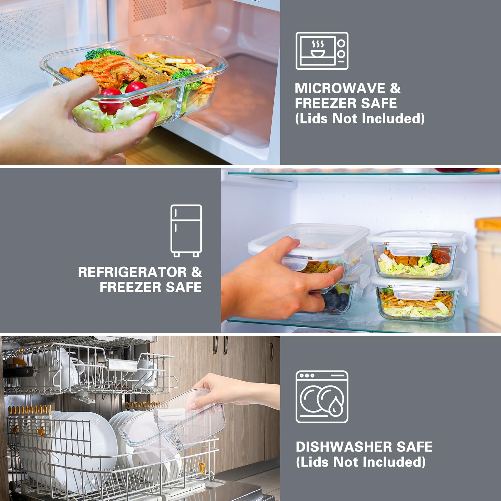 Moretoes 5pcs 35oz Glass Food Storage Containers 2 Compartments Portion Control with Upgraded Snap Locking Lids, Meal Prep Glass Airtight Leakproof Set Suitable for Freezer, Ovens and Dishwasher