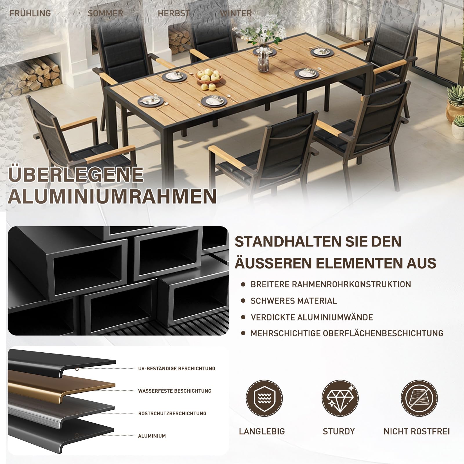 TRIUMPHKEY Gartenmöbel Set 6 Personen, Balkonmöbel mit Aluminium, 6 Stapelstühle mit Holzmaserung und 1 189cm PS Gartentisch, Terassenmöbel Außen, Braun