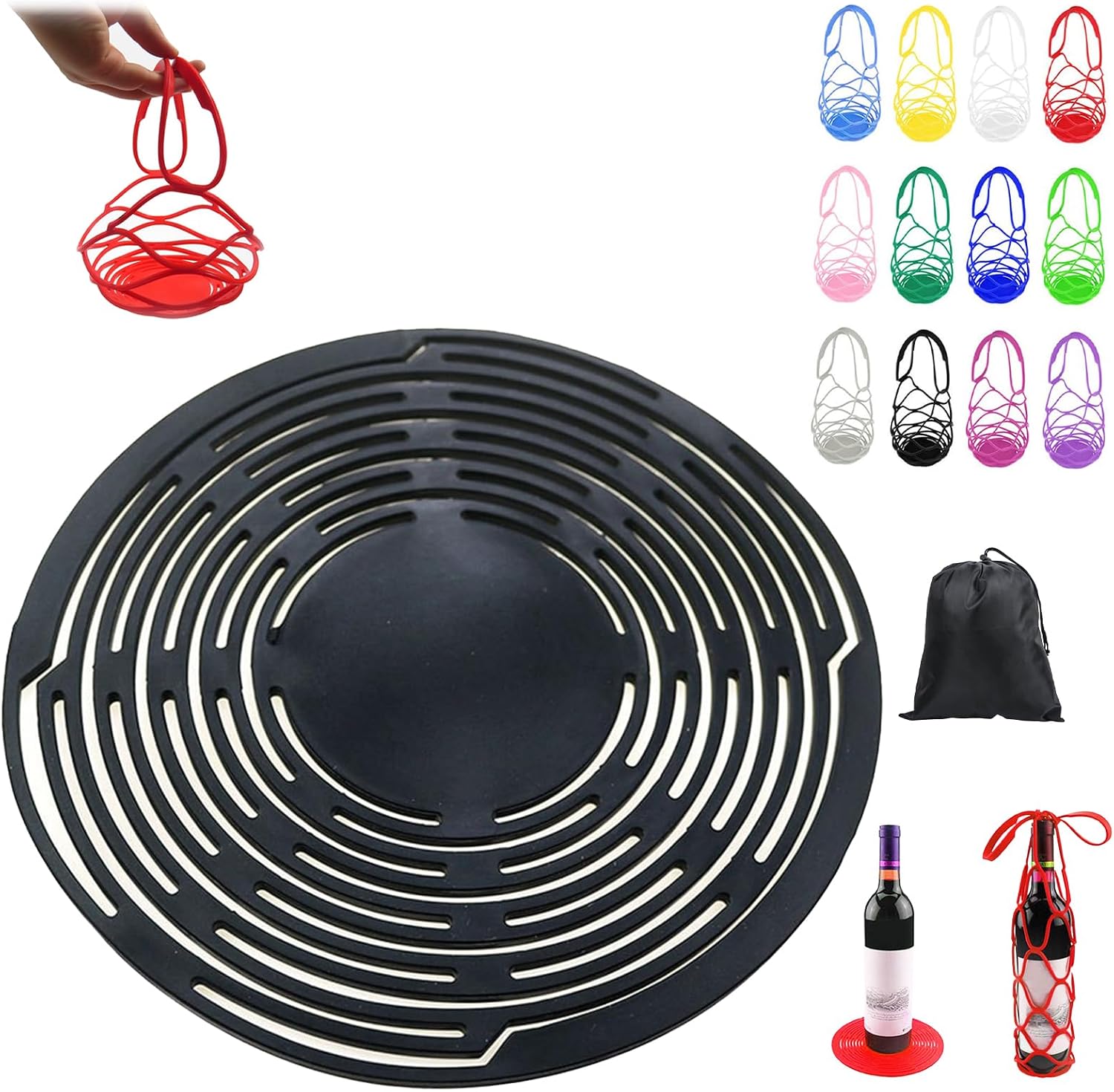 2026 Upgrade Multi-use Silicone Storage Bag Organizer, Silicone Wine Carrier Bag - Handheld Bottle Mesh Coaster & Drink Holder for Wine, Water Bottles, Fruits, Hot Dishes, Stable Placement (D)