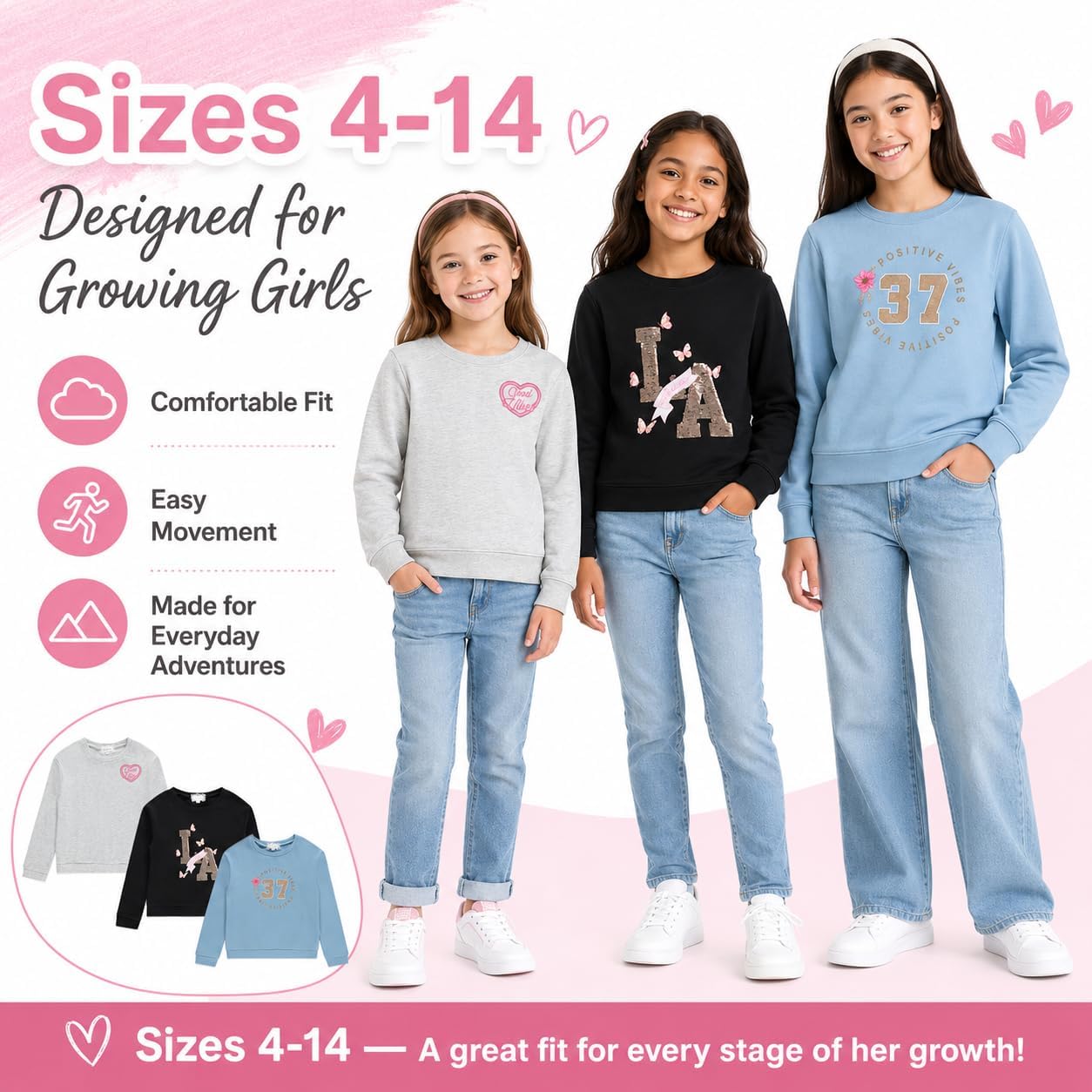 BTween Girls 3 Piece CrewithNeck Fleece Sweatshirt Set Long Sleeve Cotton Blend Pullover, Soft and Comfortable, Sizes 4-12