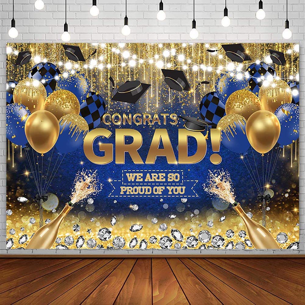 AIBIIN 7x5ft Congrats Grad Backdrop Royal Blue Gold Glitter Diamond Graduation Photography Background Class of 2025 Celebration Prom Party Decorations