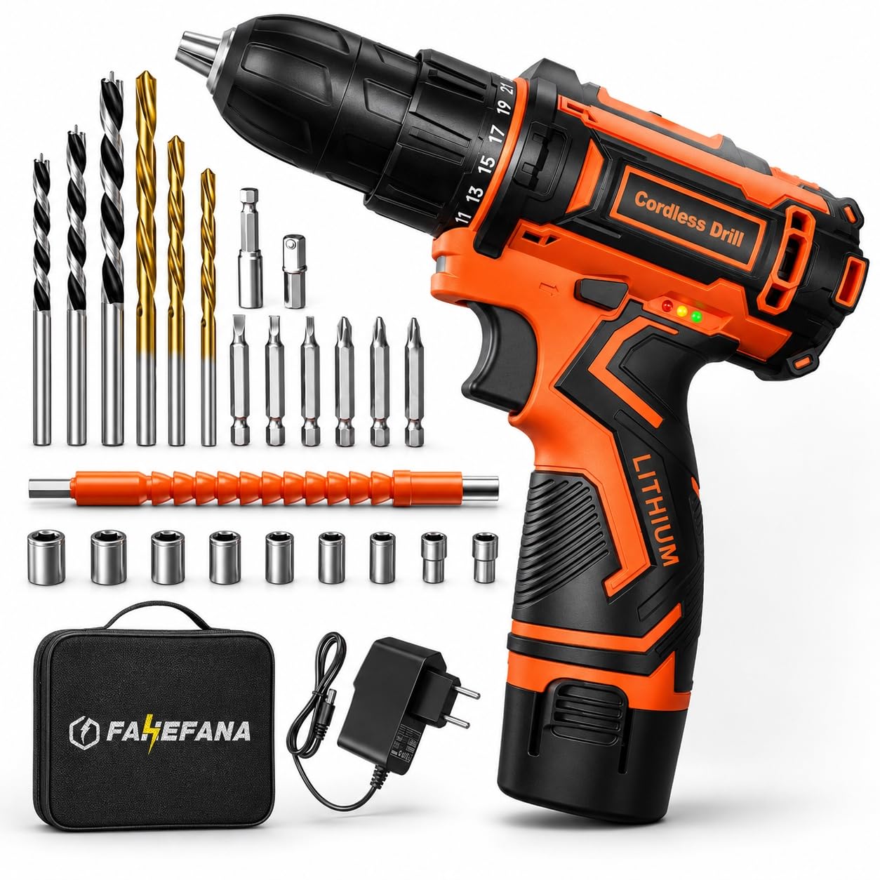Drill Driver Battery, Drill 12V Battery, 2 Speed Cordless Drill, 25+1 Torque Settings, 25 Nm Torque, 2.0Ah Battery, 25 Accessories, LED Light, For DIY