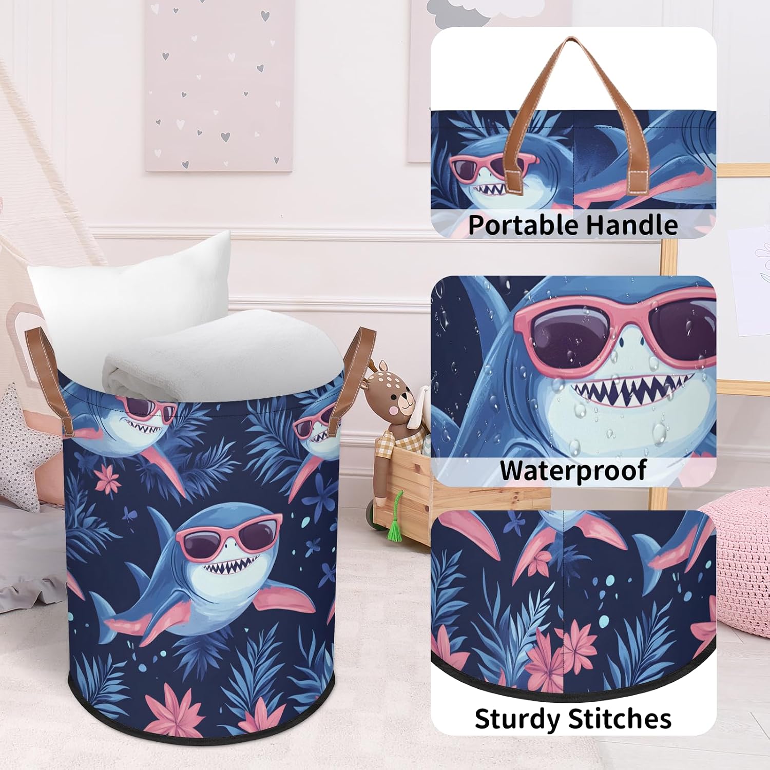 Shark Tropical Flowers Laundry Basket Foldable Storage Baskets Round Laundry Hamper With Handle for Gift Baskets/Laundry Storage/Bedroom and Utility Room Storage Bins Sharks Fashion