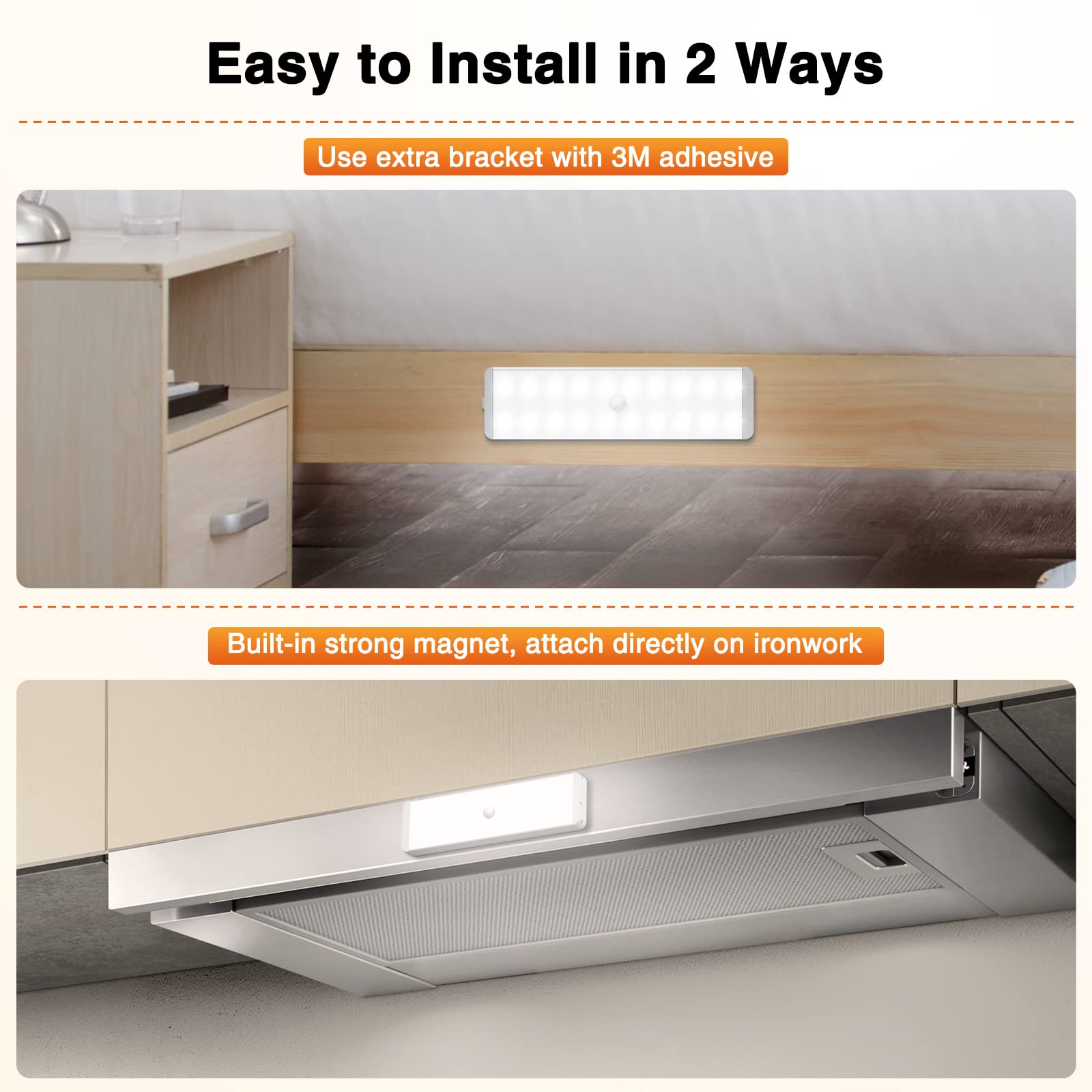 Luz LED de armario con estación de carga, luz de gabinete con sensor de movimiento, 20 luces LED debajo del gabinete, luces de noche de cocina recargables USB inalámbricas, luz funciona con pilas