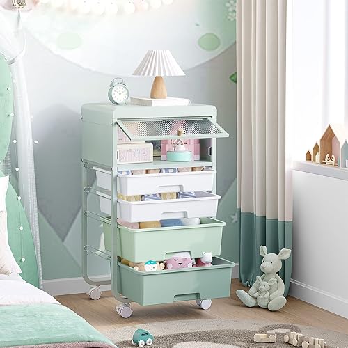 Miniatura 2 de Cajón de almacenamiento rodante, carrito de manualidades con 4 cajones y puerta a prueba de polvo para niños, sala de arte de manualidades,