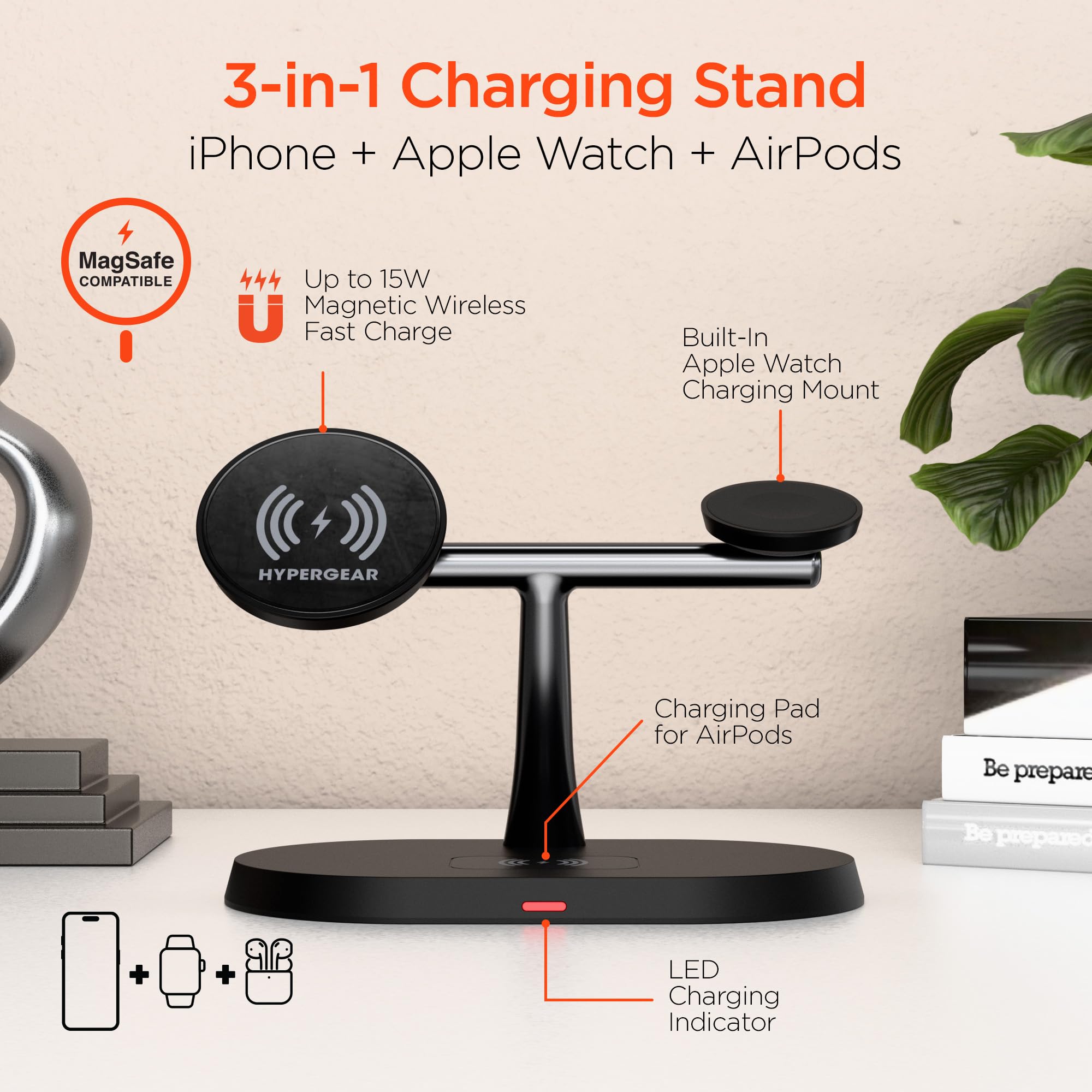 Magsafe - Supporto di ricarica wireless 3 in 1, stazione di ricarica da 15 W, con dock di ricarica veloce per iPhone, supporto magnetico per Apple Watch, tappetino di ricarica per AirPods