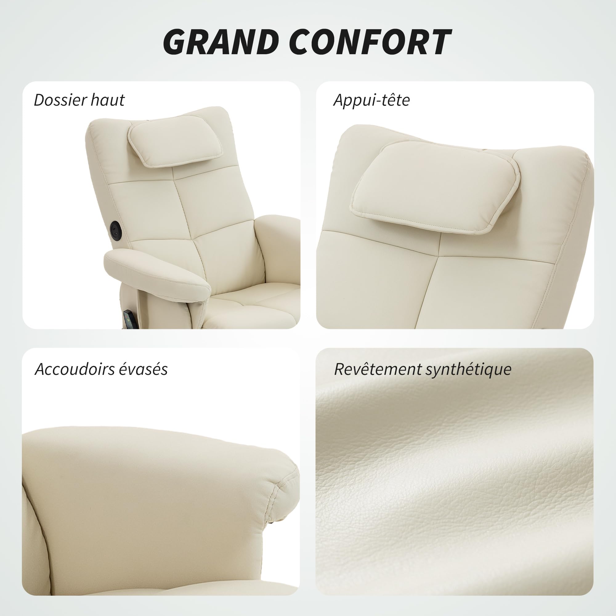 HOMCOM Fauteuil massant avec Repose-Pied Fauteuil Relax Salon - Dossier inclinable jusqu'à 135°, Coffre de Rangement, appuie-tête et télécommande - revêtement synthétique crème