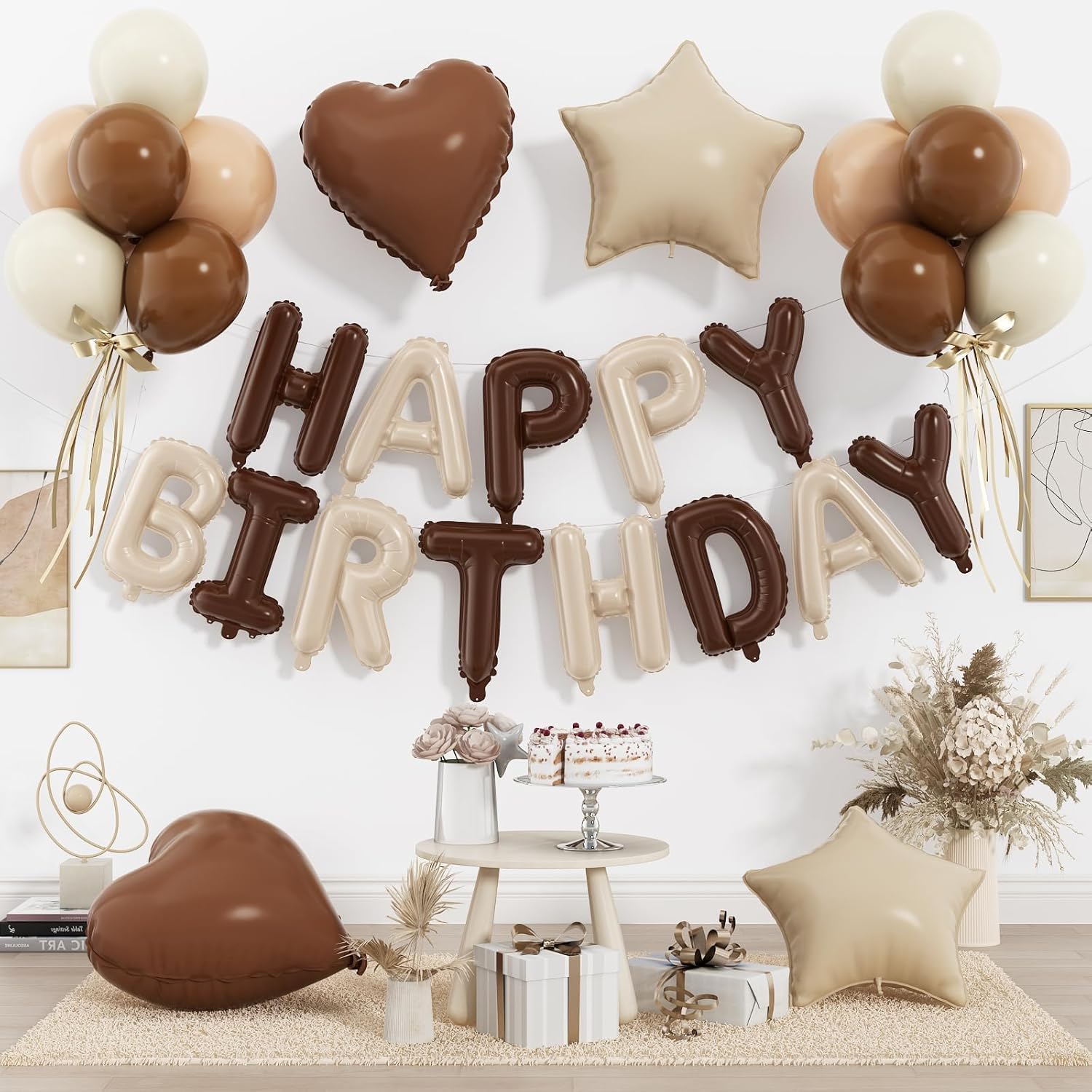 29-Piece Chocolate Brown Birthday Balloons Set - Happy Birthday Foil Balloons Kit with Letters, Hearts & Stars - Helium & Air Fill for Adult Party Decorations