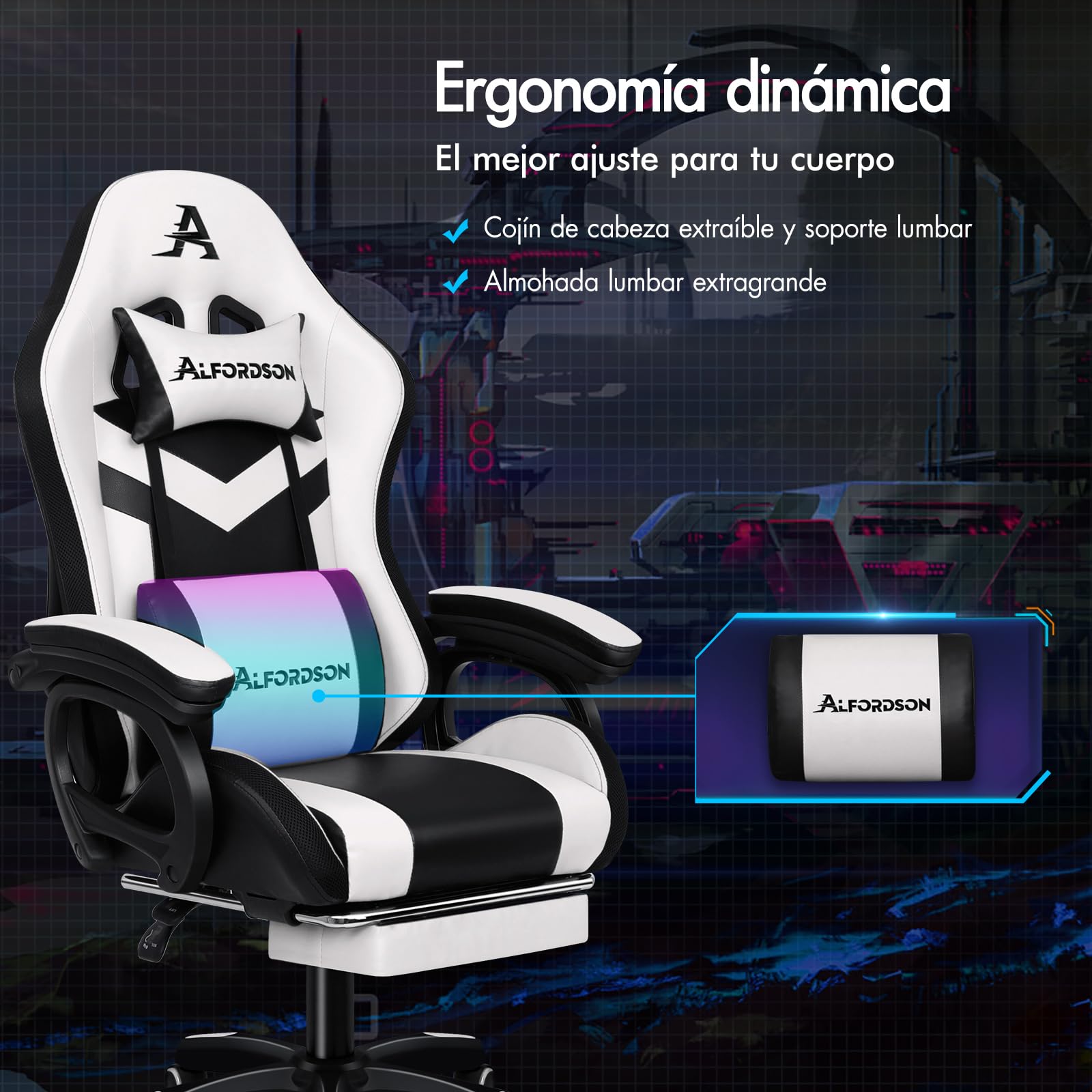 ALFORDSON LED Silla Gaming, Silla Gamer con Masaje de 8 Puntos, Silla de Ordenador Ergonómico con Iluminación RGB con Soporte Lumbar y Reposacabezas, Altura Ajustable, Blanco