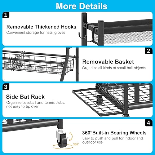 Miniatura 2 de Garage Sports Equipment Organizer,Sports Ball Organizer with Wheels,Basket,Ball Organizer with Baseball Bat Rack and HooksToy Storage Rolling