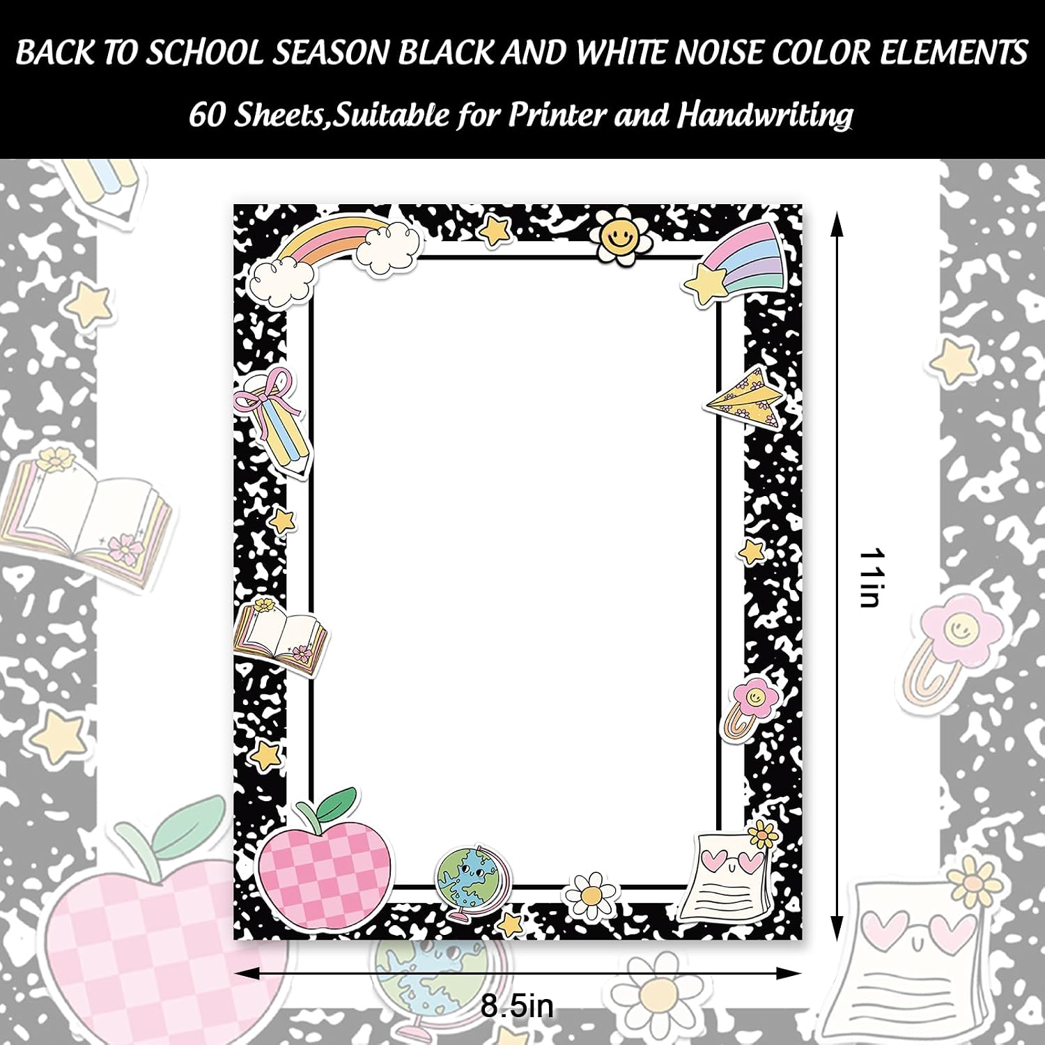 Whaline 60 Pcs Back to School Stationery Letterhead Paper Composition Rainbow Book Letter Writing Paper for First Day of School Invitation Office Printing, 8.5 x 11 Inch image 2