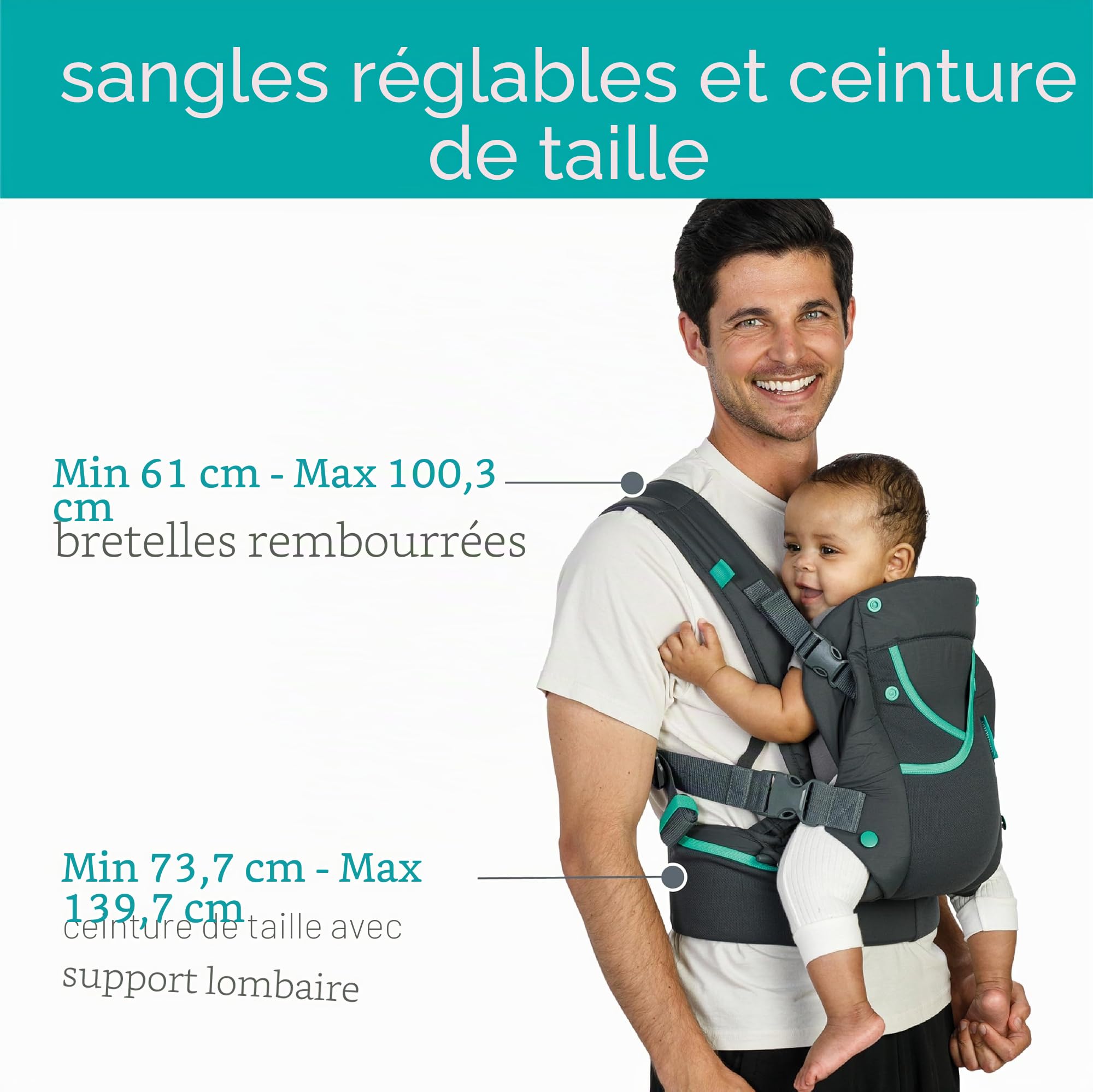 Infantino Porte-bébé Carry On Active, Porte-bébé Ergonomique Multi-poches pour Nouveau-né à Tout-petit 3,6–18,1 kg avec Bretelles Rembourrées, Rangement sur Ceinture Lombaire, Gris