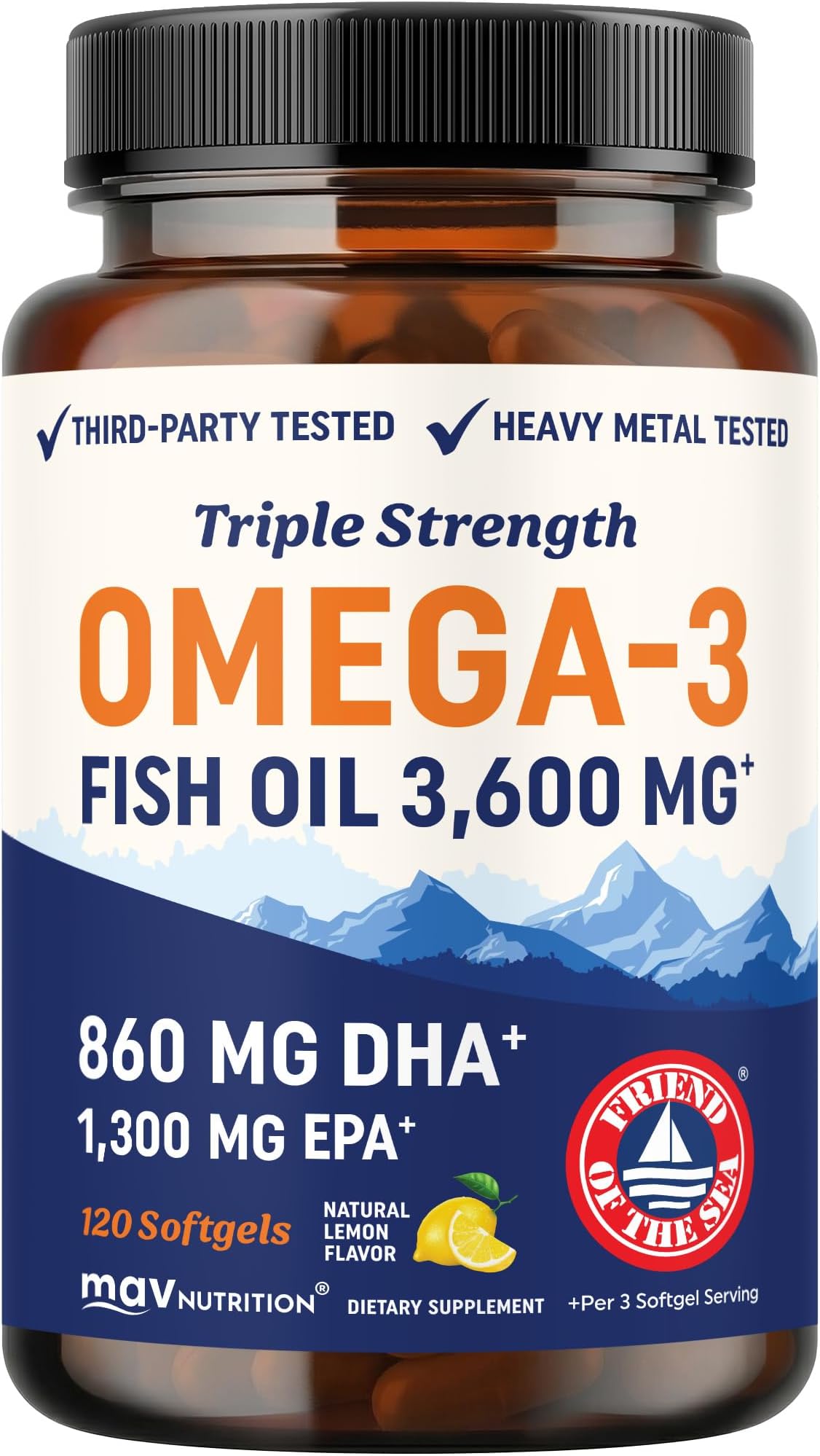 Premium Fish Oil Omega 3 - Max Potency - 3,600mg + 1,296mg Epa + 864mg DHA + Immune Support + Heart & Brain Health + Joint & Skin Support + Burpless + Natural Lemon Flavor, 120 Capsules per Serving