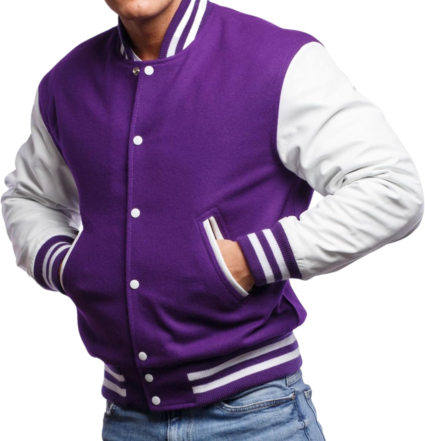 Men's Varsity Jacket, Wool Blend Body with Real Leather Sleeves, Letterman Style