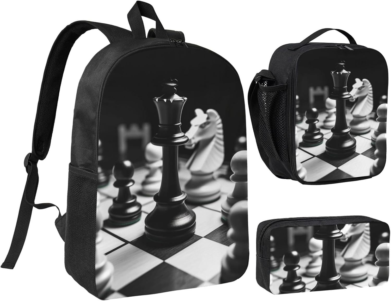 black and white chess Backpack with Lunch Bag Coin Pouch Set