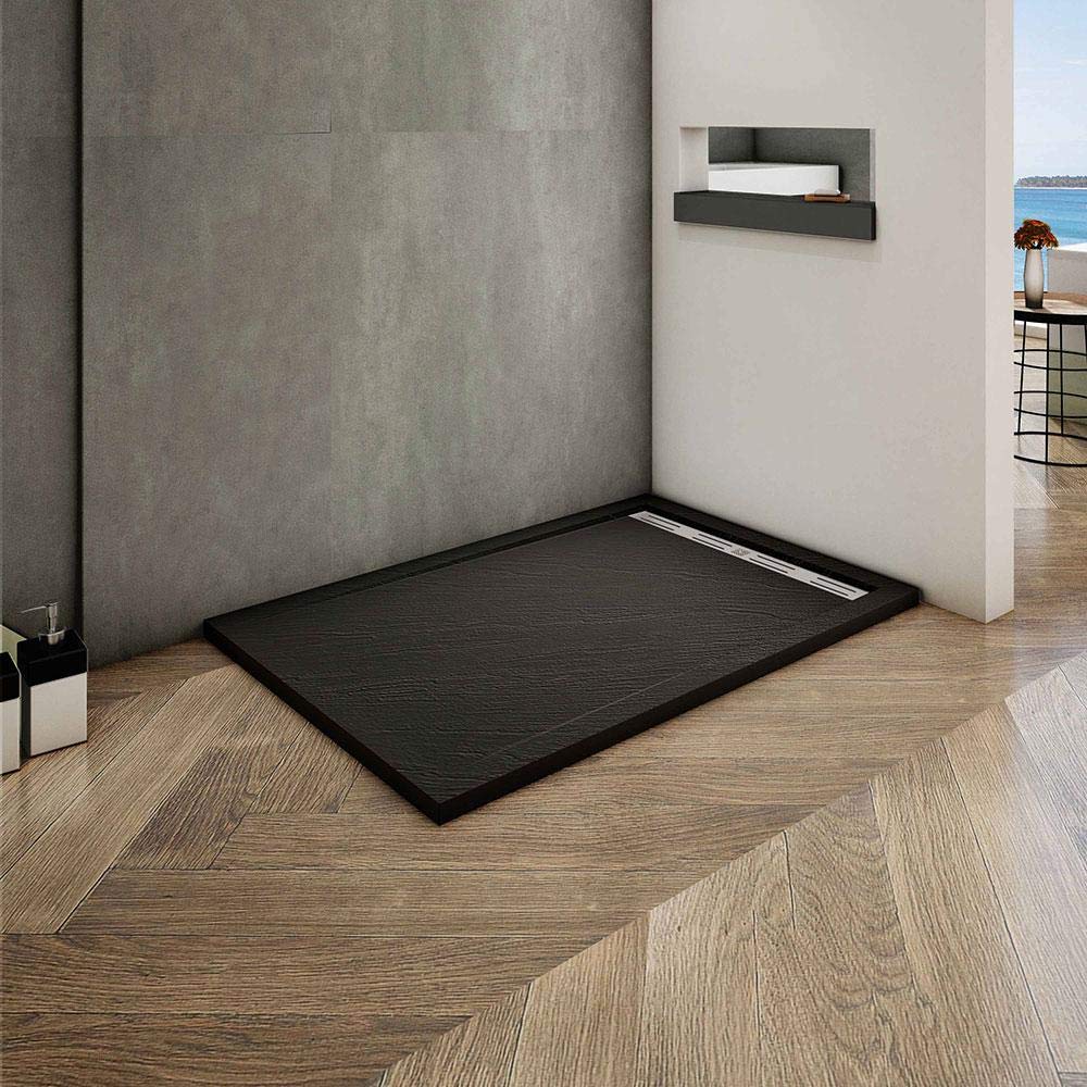 Piatto Doccia Nera Ruvida Rettangolare 70x90x3cm in Pietra Vulcanica e Resina Mista Ultraslim con Scarico Sifone Piletta
