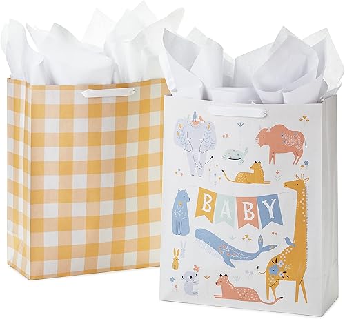 Hallmark Bolsas de regalo extra grandes de 15 pulgadas con papel de seda (2 bolsas Baby Animals, Yellow Gingham) para baby showers, primer