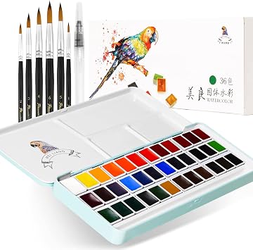 MeiLiang Watercolor Paint Set, 36 Colors in Portable Box with Metal Ring and 7 Paint Brushes, Art Supplies for Painting, Pretty Excellent Watercolor Set for Artists, Hobbyists, and Painting Lovers