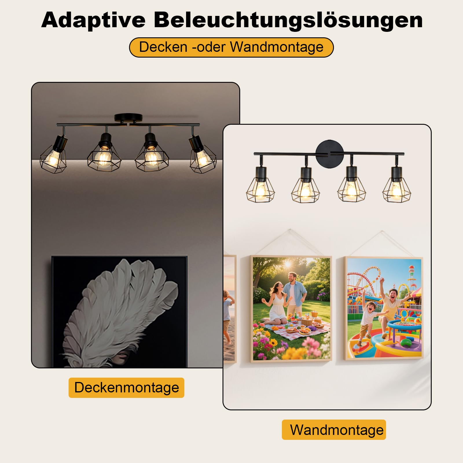 Deckenstrahler 4 Flammig E27 LED Deckenlampe Schwarz | Metall, Vintage, Schwenkbar 350°, Küchenlampe mit Lochmuster-Schirm, Wohnzimmerlampe für Küche Gewerbe, Ohne Leuchtmittel