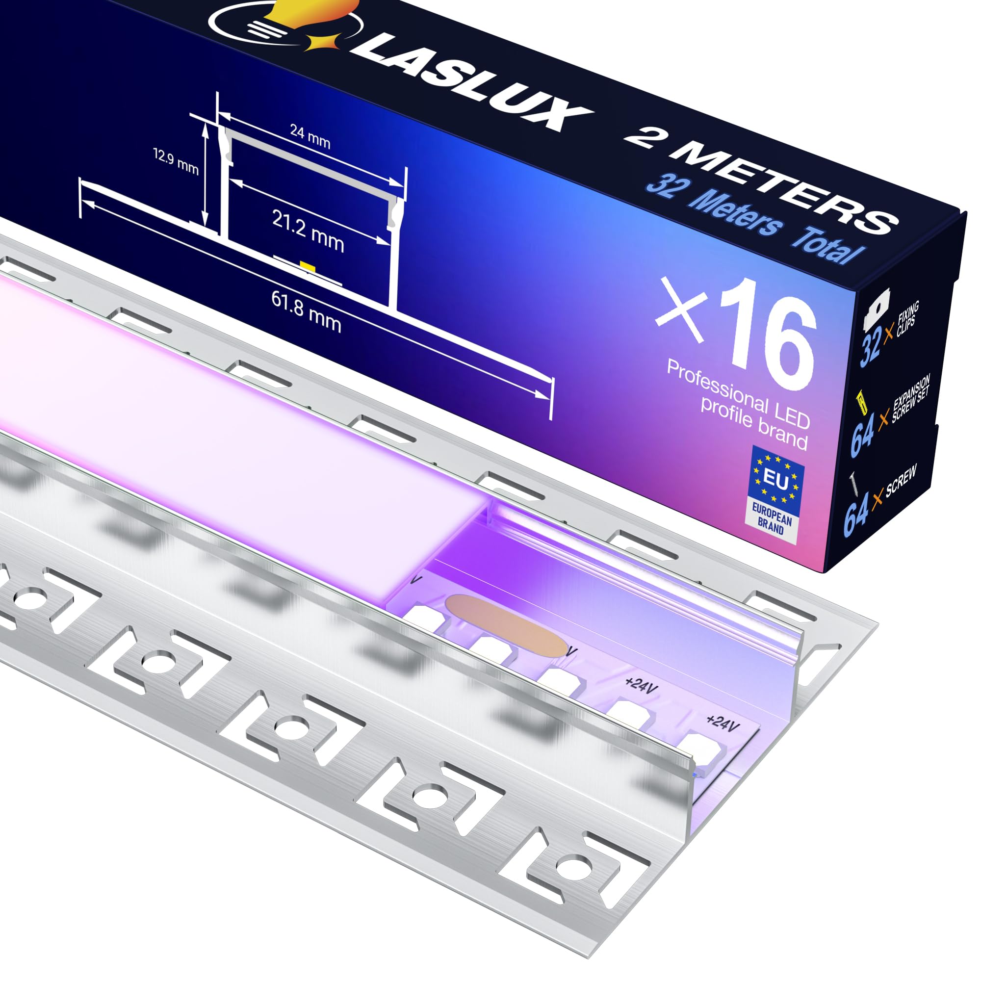 Profilo per piastrelle a LED, 2 m × 16, profilo a LED, da incasso, 61,8 × 13,8 mm, larghezza interna 20 mm, per cartongesso e bagno