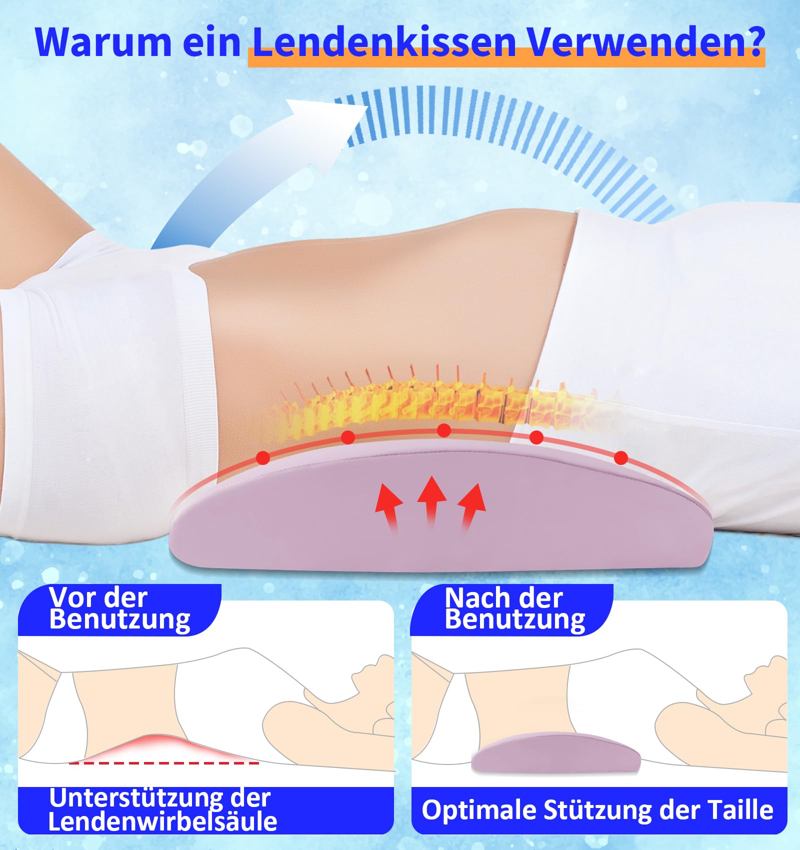 Cuscino lombare ortopedico, supporto ergonomico per schiena e lombare, in memory foam, per letto e divano, sollievo nella parte bassa della schiena, fodera rinfrescante, rimovibile e lavabile
