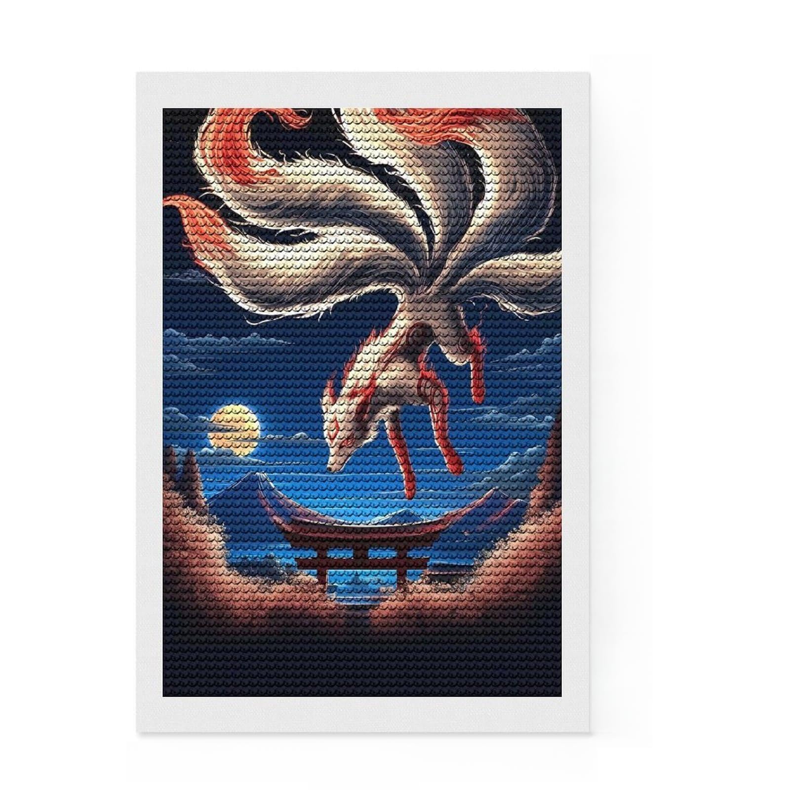Junmoney Nine Tailed Fox Vigil Full Drill Diamond Painting Kit 8"x12", Neat Printed Canvas, Sparkling Round Gems, Easy Handmade Project