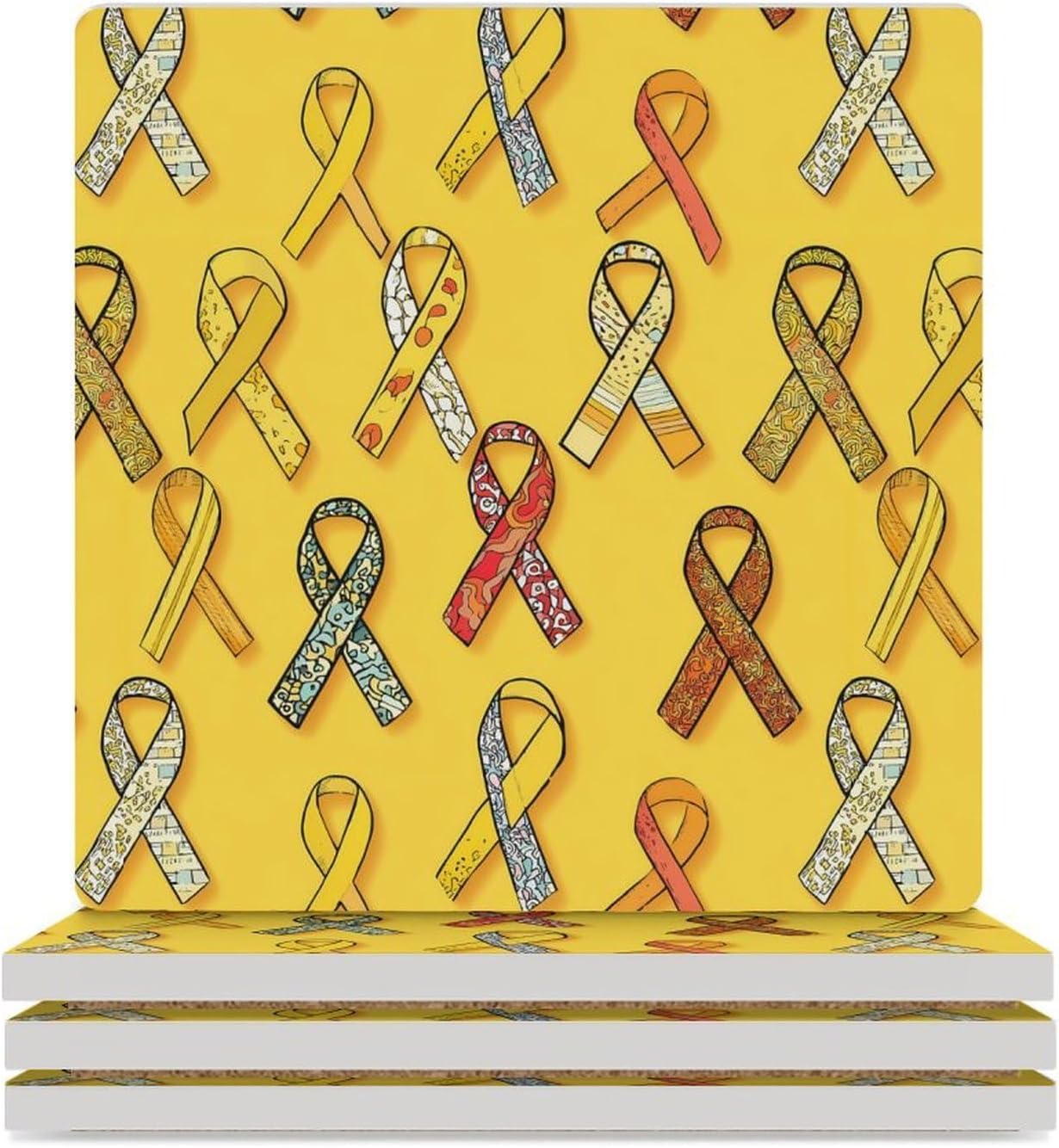 Childhood Cancer Awareness Ribbon Coaster for Drinks Square Ceramic Table Coasters Stone Mat Crafts 4PCS Home Kitchen Decor