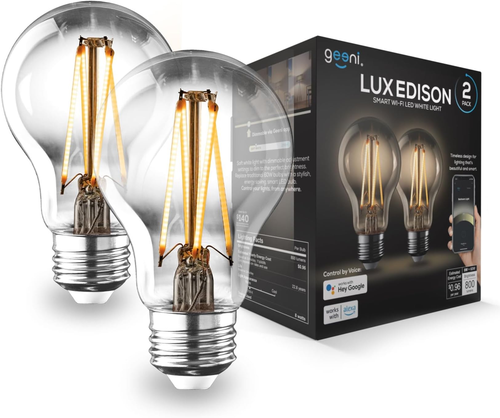 Geeni LUX Edison WiFi LED Edison Smart Light Bulb, Soft White (2700K), 2-Pack – Dimmable LED Bulbs, A19, 60-Watt Equivalent, No Hub Required, Works with Amazon Alexa, Google Home