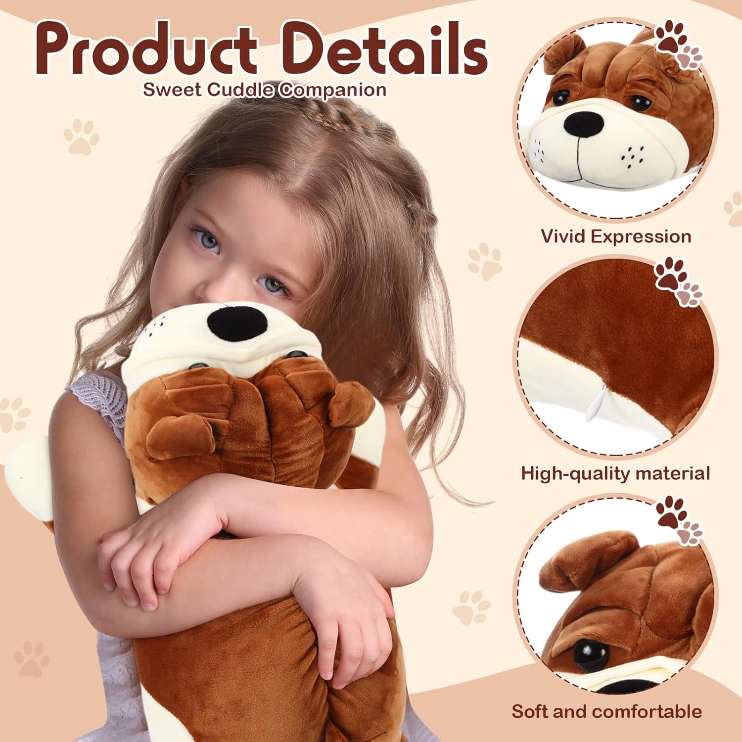 23.6" Soft Dog Plush - Huggable Stuffed Animal Pillow for Kids Birthday Gift - Large Cuddle Puppy Toy - Washable Bedtime Companion for Boys Girls