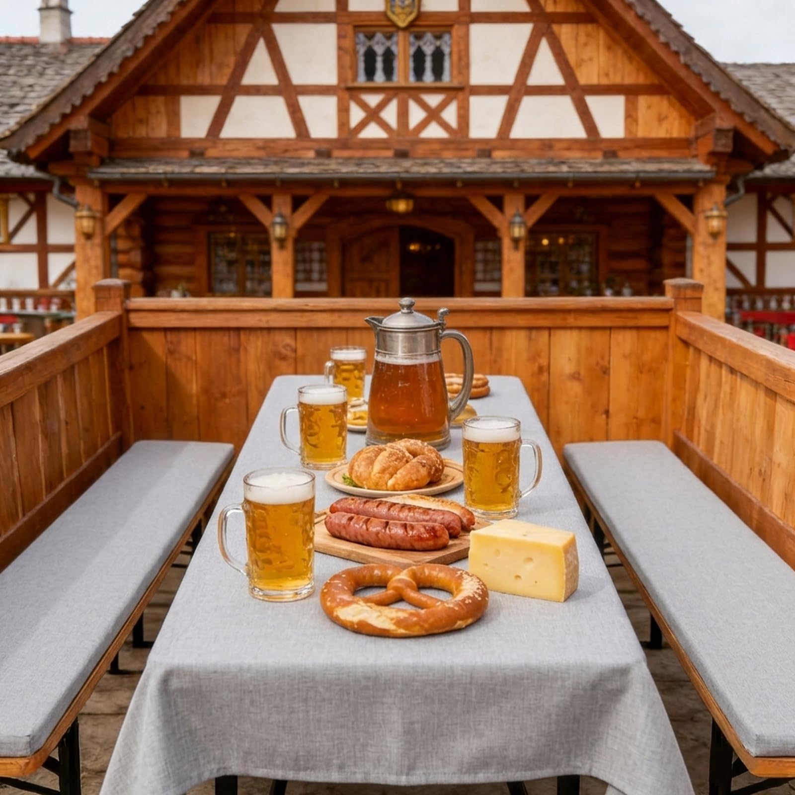 2er-Pack 220x25x3cm XL waschbar Bierbankauflage Gepolstert und 1 Packung 250x100cm Rechteck Polyester Bier Tischdecken für Party Outdoor & Indoor Gebrauch (Hellgrau,Wasserdicht)